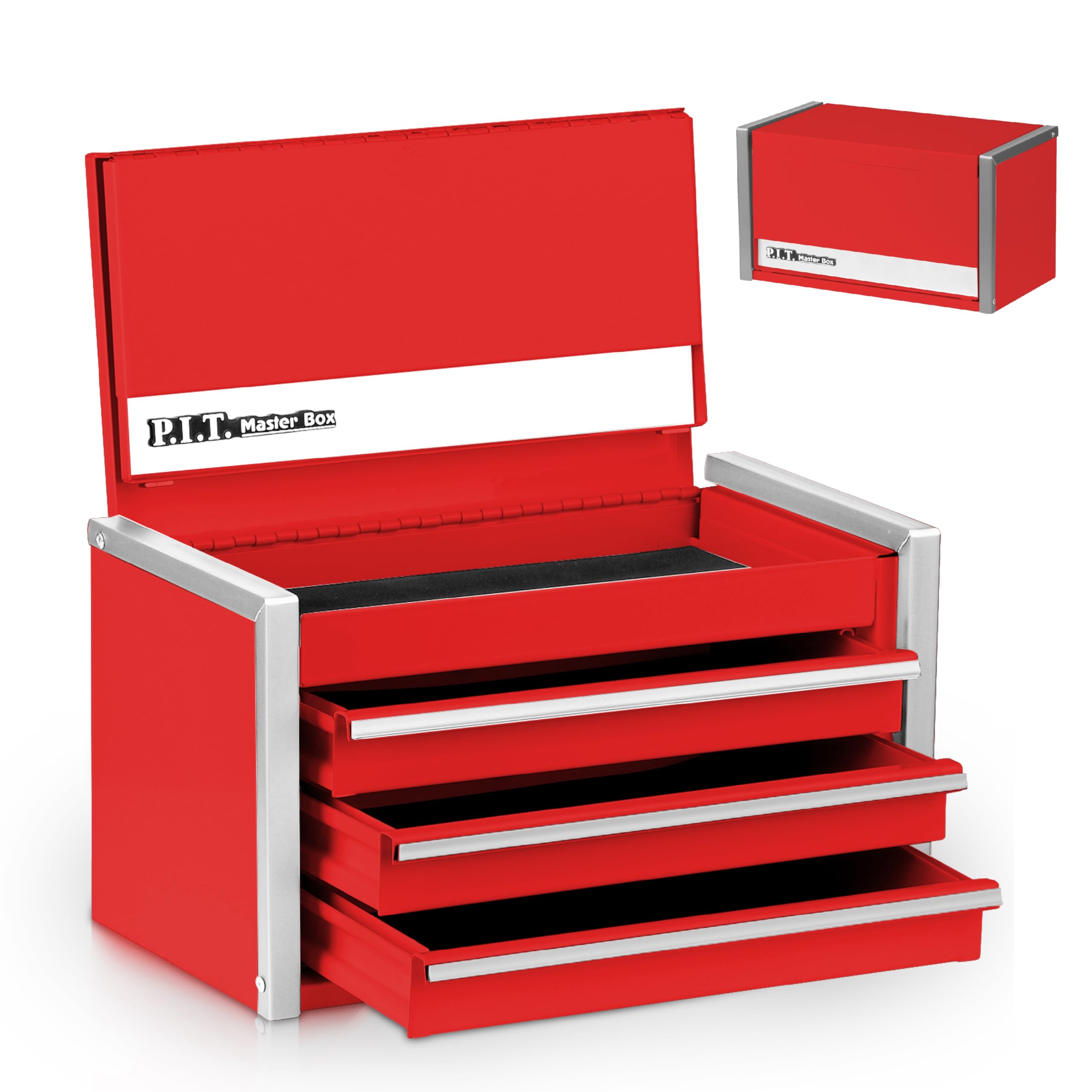 P.I.T. Mini Red Tool Box, Portable 3 Drawer Steel Tool Box with Magnetic Tab Locking, Red Micro Top Chest with Liner for Tools Storage, Home DIY