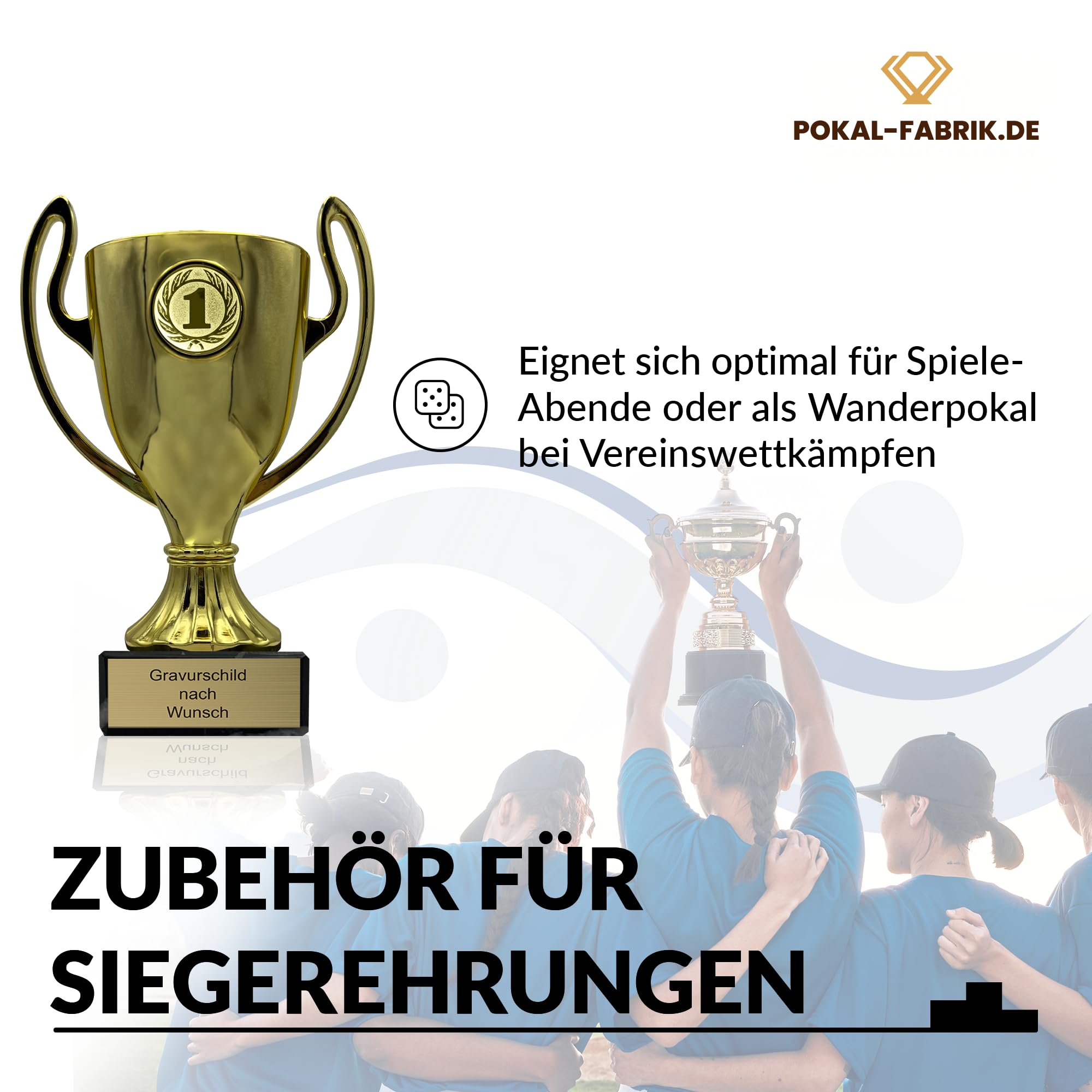 Pokal-Fabrik Pokal mit Gravur Wunschtext – Gold Trophäe mit Sportart Emblem nach Wahl – Personalisierte Auszeichnung für Fußball WM & Sport Events – 16/18/20 cm inkl. Marmorsockel
