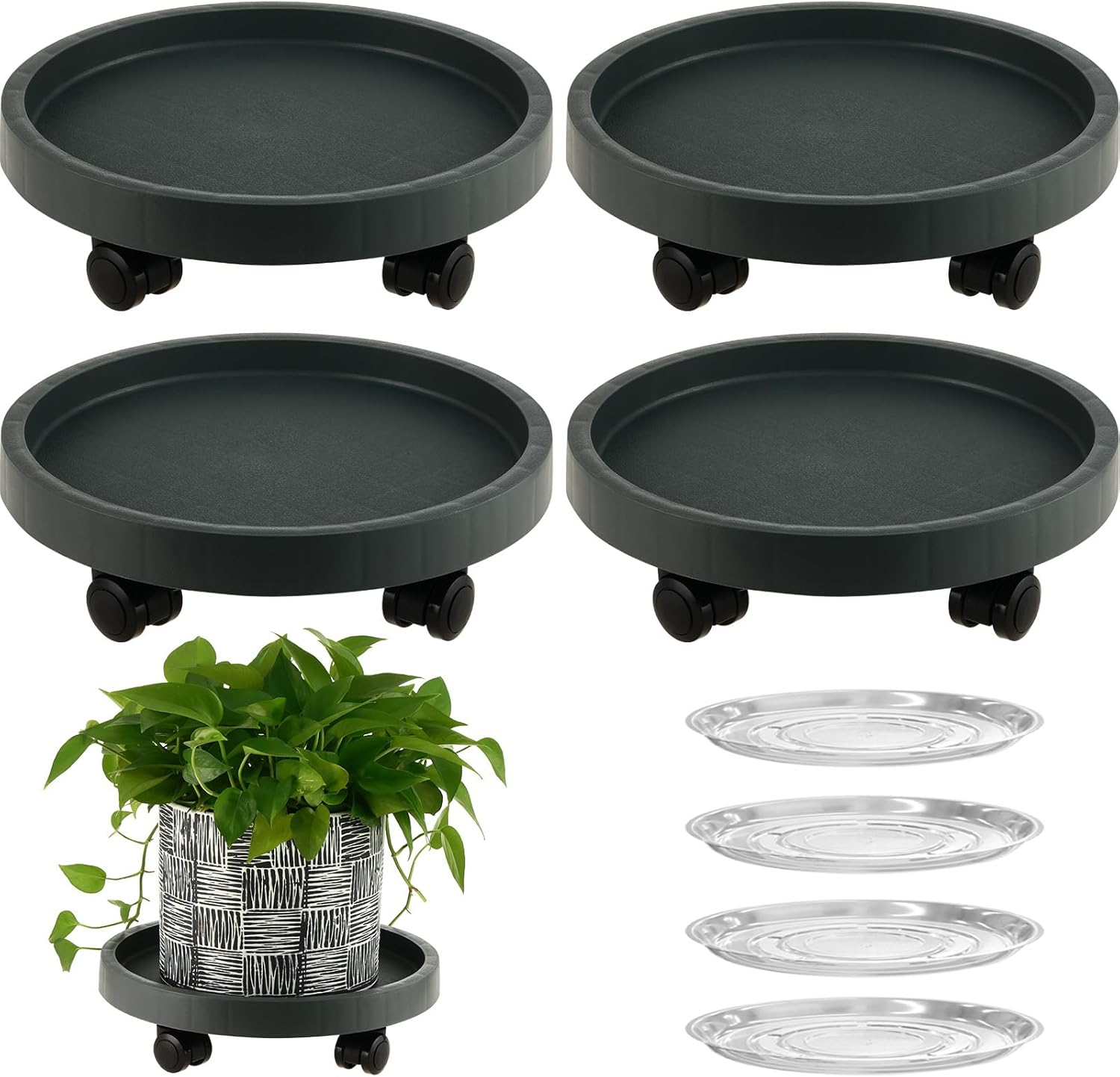 KvyusFlourish 4 Packs 18 Inch Resin Plant Caddy with Clear Saucer Rolling Plant
