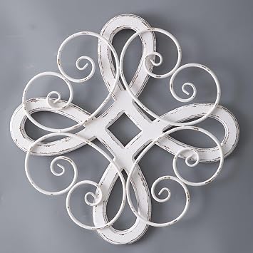 Sintosin Vintage Wrought Iron Wall Decor 22 Inch, Hanging Distressed White Farmhouse Wood and Metal Wall Art Decor, Rustic Medallion Home Wall Decor for Living Room Bedroom Entryway Hallway