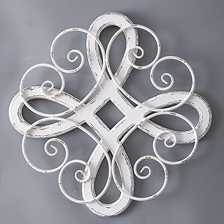 Sintosin Vintage Wrought Iron Wall Decor 22 Inch, Hanging Distressed White Farmhouse Wood and Metal Wall Art Decor, Rustic Medallion Home Wall Decor for Living Room Bedroom Entryway Hallway