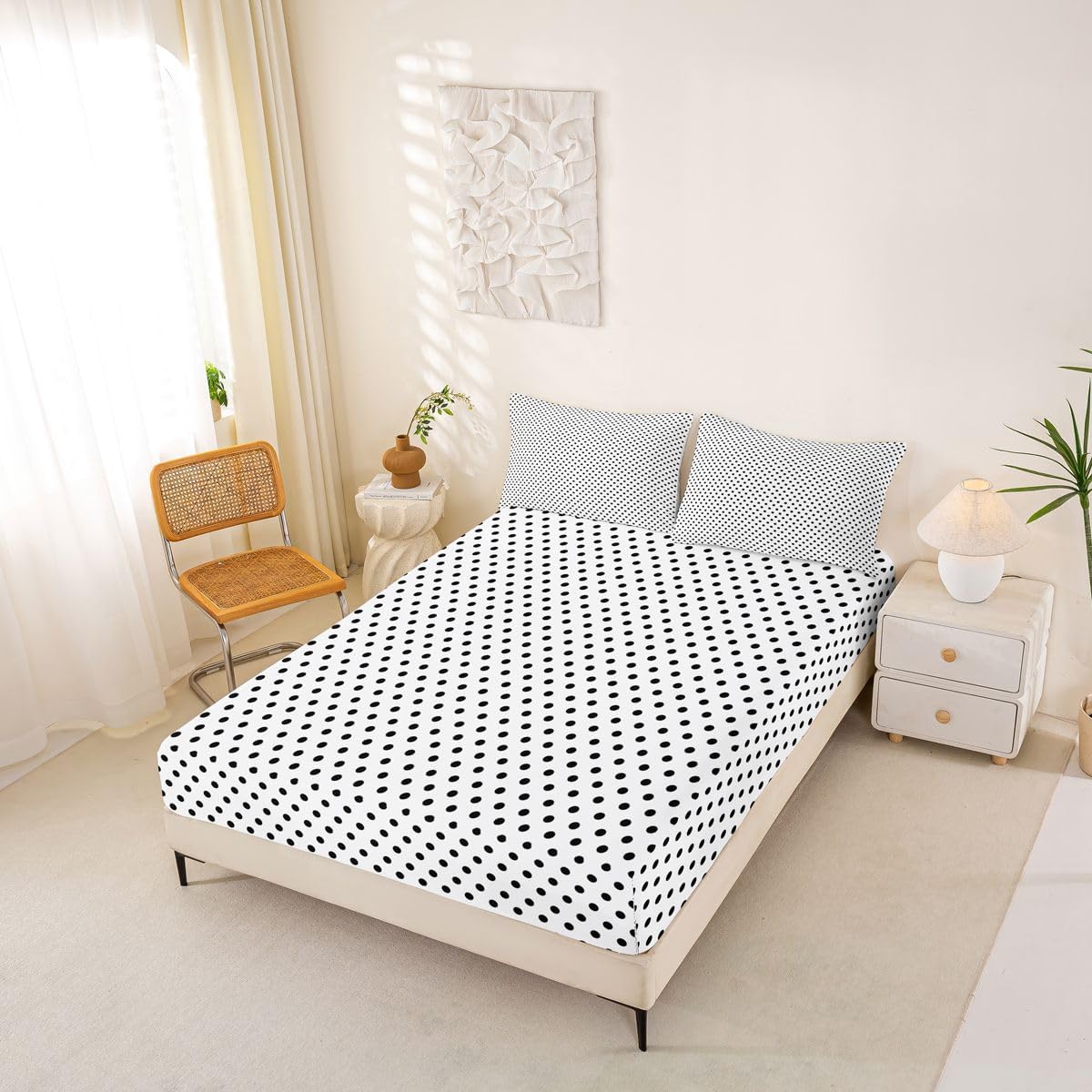 Black White Polkadot Fitted Sheet Twin Size (No Flat),Boho Dots Bedding Sets 2Pcs,Kids Girls Boys Room Decor,Little Polka Dots Bed Sheets Ultra Soft Deep Pocket Sheet,1 Pillowcase