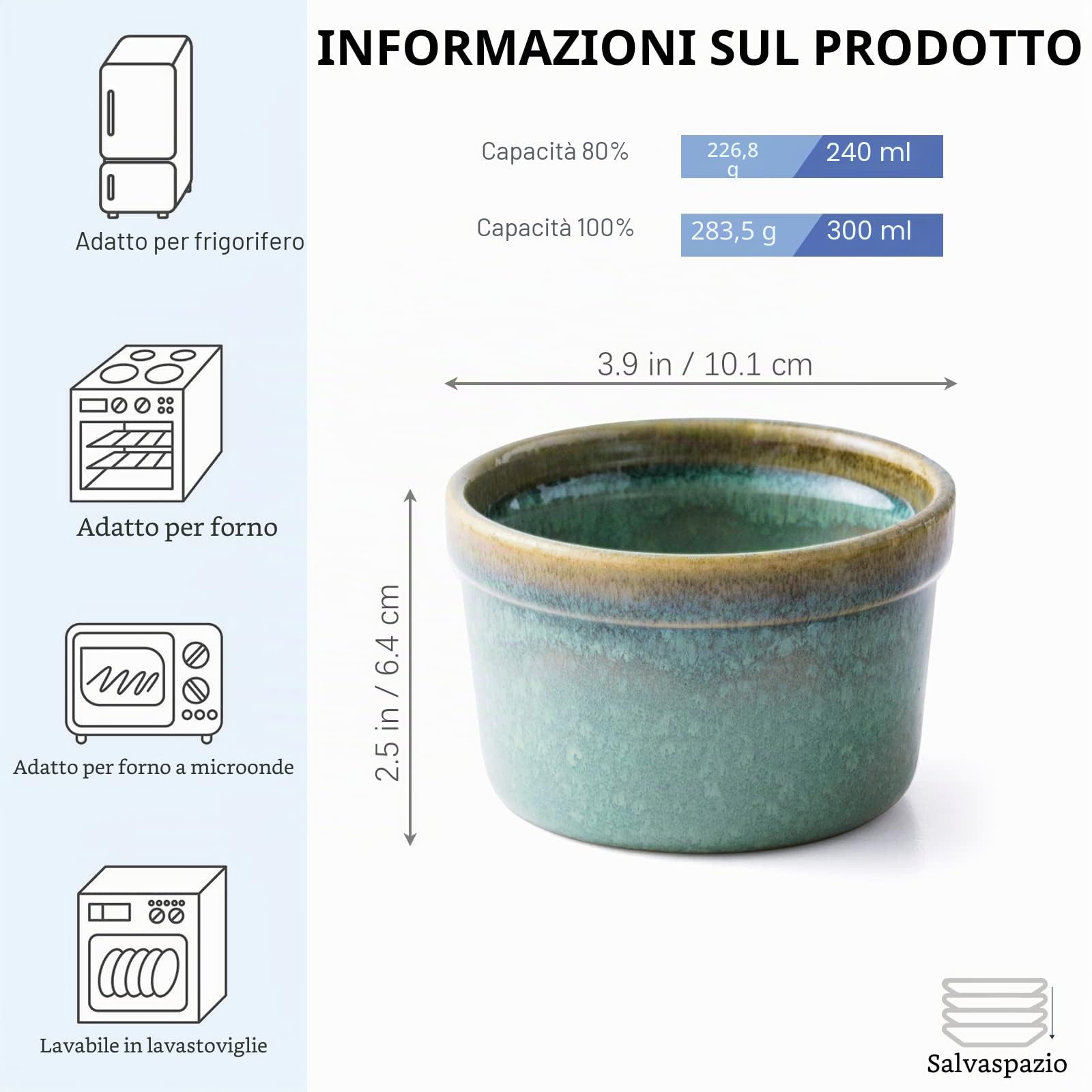 4X Pirottini per Soufflé, Stampi per Soufflé, Ciotole in Ceramica per Creme Brulè, Set da Stampi a Prova di Forno per Crema Pasticcera, Budino, Dolci e Pasticceria, Coppette per Soufflé, Verde Lucido