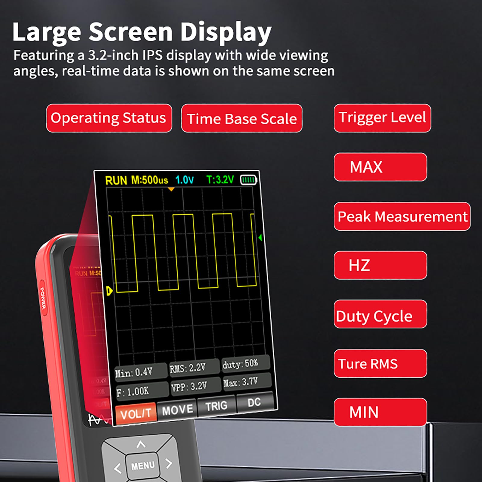 Denash Multímetro Digital Inteligente, 1 Canal 5mhz 48MS S 300V MAX USB CONEXIÓN, AC DC 600V RMS RMS RMS Hold, Análisis de Forma de Onda, Ahorro de Datos, Pantalla IPS de 3.2 Pulgadas (ZT-701)