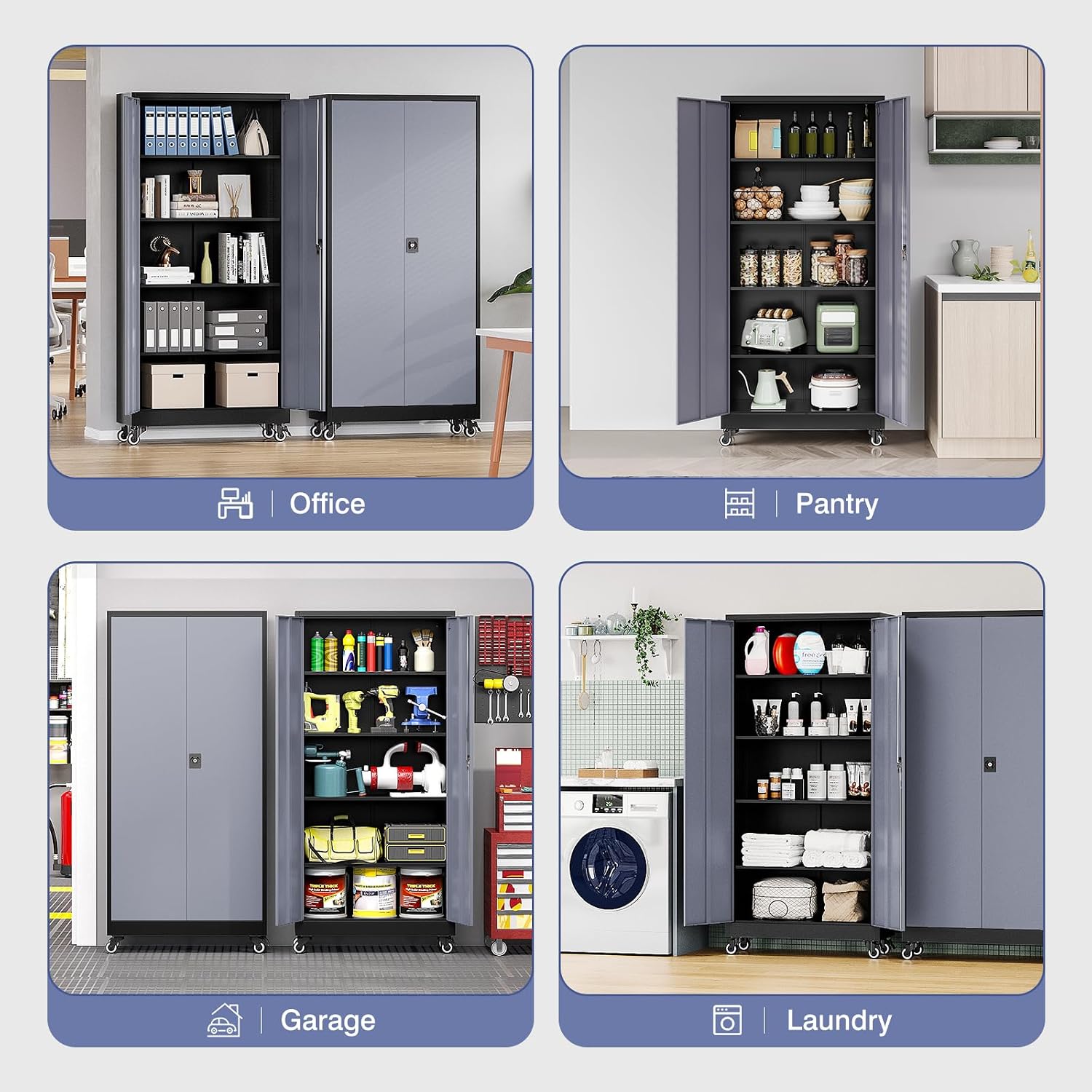 Metal Garage Cabinet with Wheels, Tall Storage Cabinet with 4 Adjustable Shelves and 2 Doors, Lockable Tool Cabinet for Garage Home Office,Gym,School (Black-Gray)