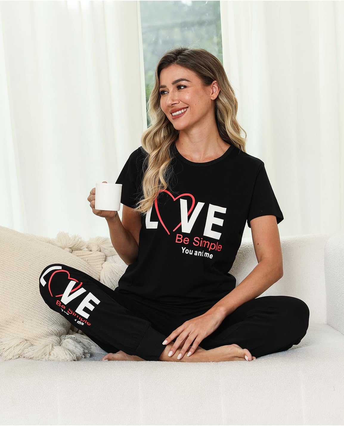 EISHOPEER Women's Cotton Pajama Set Cute Printed Short Sleeve Top & Long Pants Sleepwear Pjs Sets - Image 3