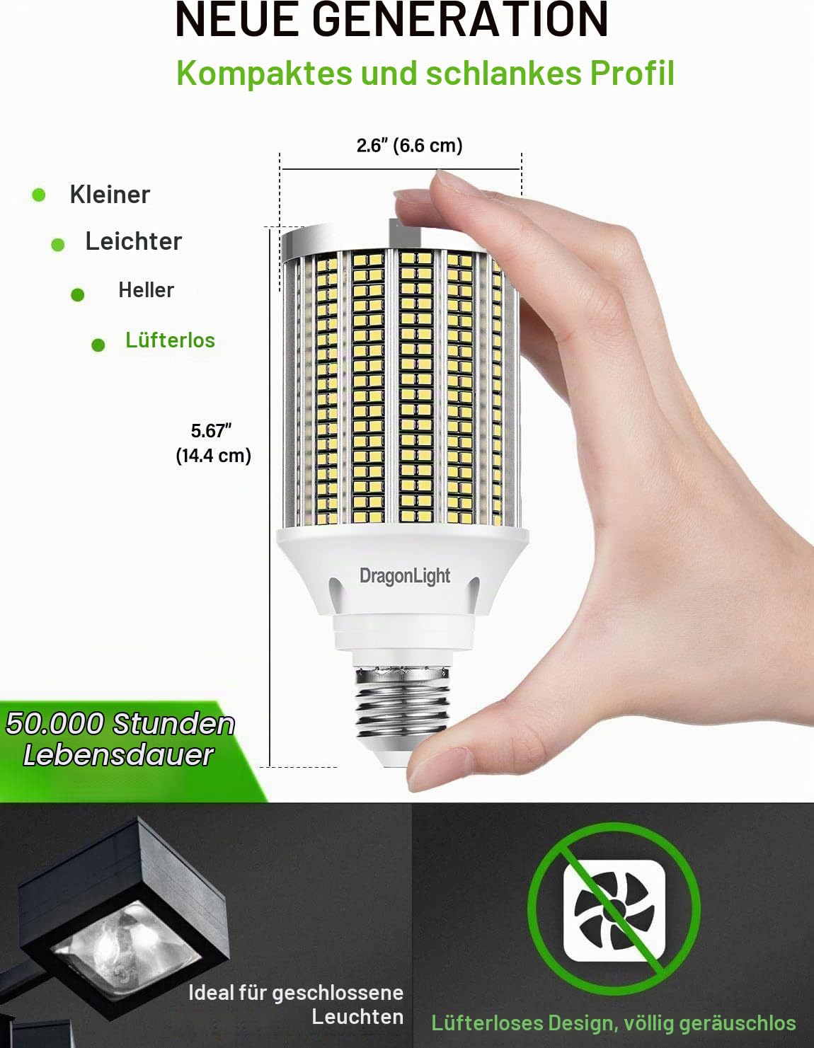 DragonLight 50W Superhelle Mais Licht LED Glühbirnen(Ersetzt 350Watt) - E27 Edison LED Lampe - 6000K Kaltweiß 6000LM für gewerbliche Beleuchtung - Garage Werkstatt Büro Hof(2er-Pack)