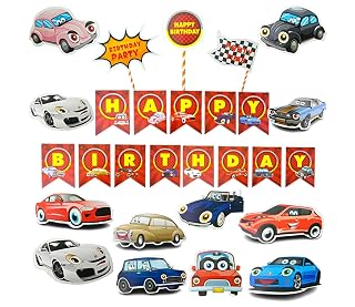 FI - FLICK IN 22 pcs Happy Birthday Racing Car Banner Cardstock Foil Balloons, Two Fast Speedy racing Decoration Theme Birthday Party Lightning Cutouts Props(Pack of 22, Multicolor)