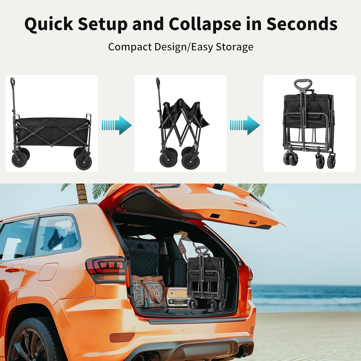 Carrello Pieghevole con Ruote Rimovibili Carrello Pieghevole Trasporto con Maniglia Telescopica Carrello da Giardino Pieghevole con Tasche Laterali Carrello da Spiaggia per Tutti i Terreni
