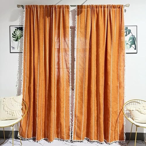 Miniatura 7 de Amidoudou 1 par de cortinas bohemias a rayas para sala de estar, dormitorio, casa de campo con borlas (naranja, 54 x 90 pulgadas)