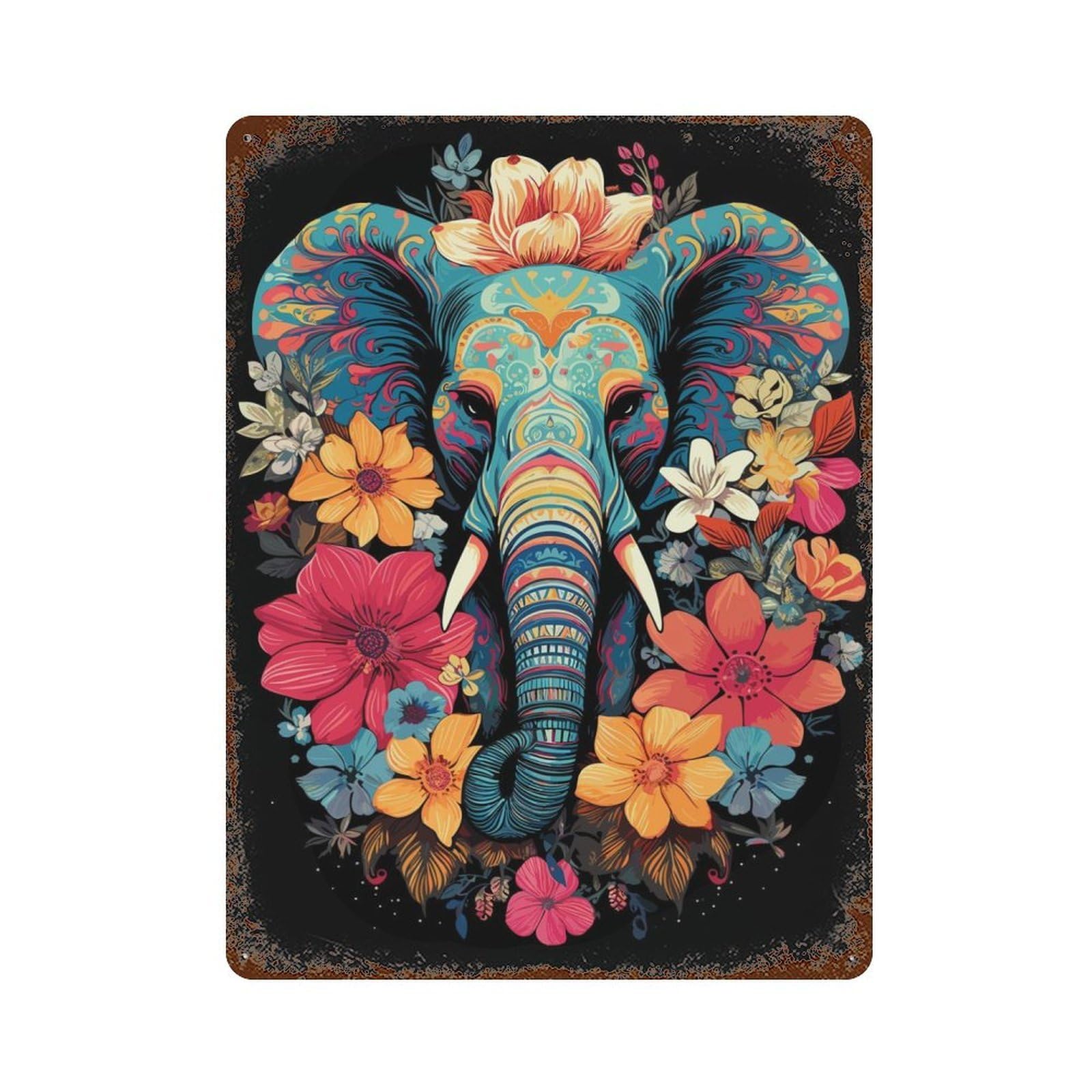 Vintage Rust Metal Sign with Psychedelic Elephant Design 15.7"x11.8", for Garage, Bar And Workshop Decor, Retro Wall Decor