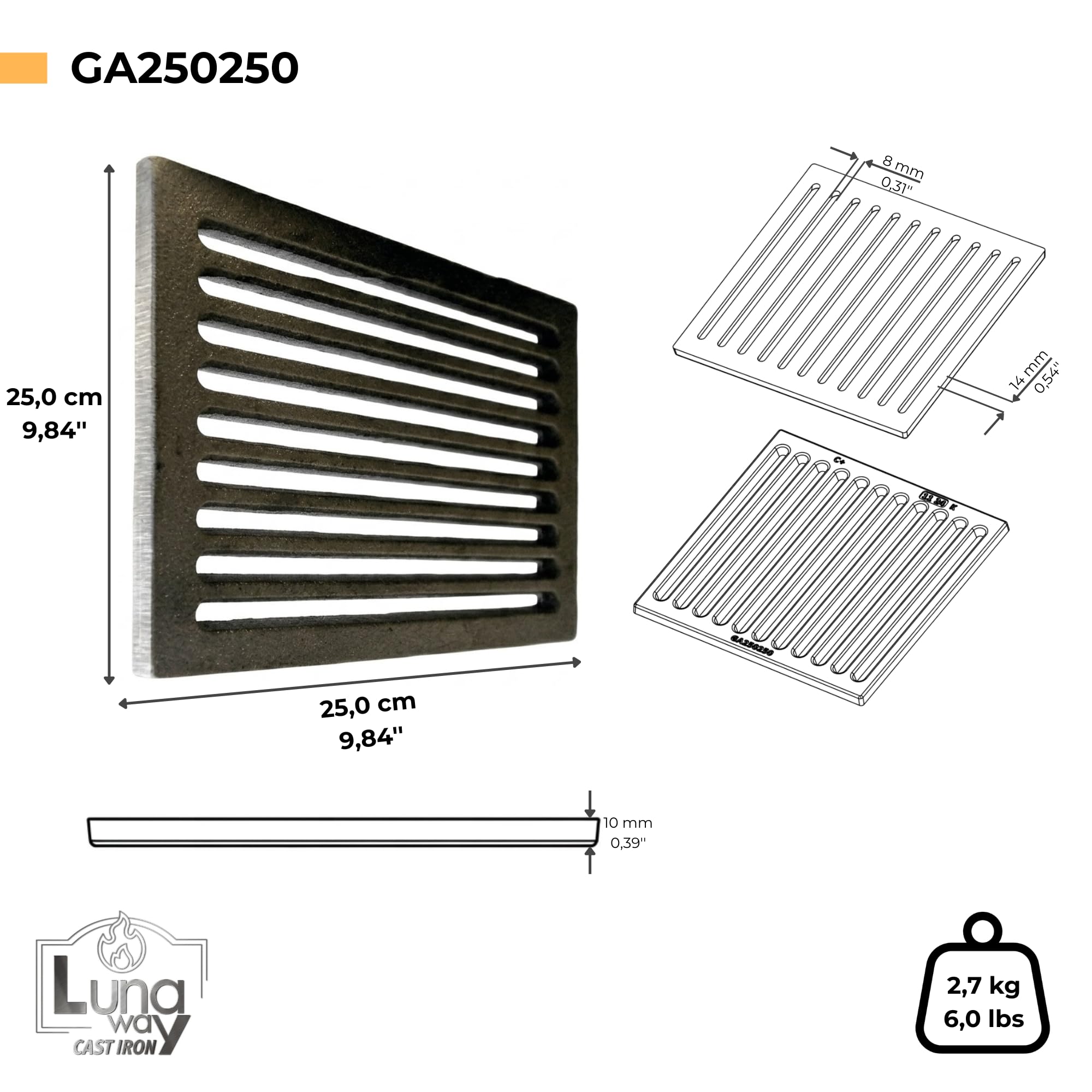 25 x 25 x 1 cm - Griglia per cenere 100% ghisa LUNA WAY CAST IRON | Ottimizza il tiraggio del camino e stufa | Resistente alle alte temperature | Facile pulizia