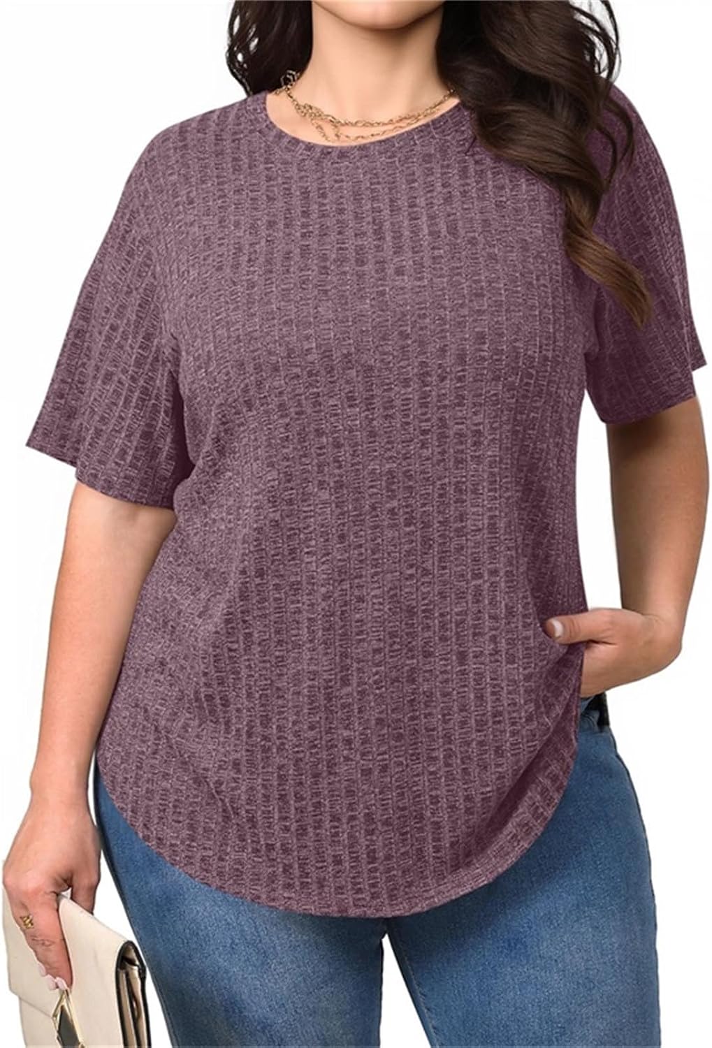 Women's Knit Shirts Short Sleeve Blouses Plus Size Flowy Casual Pure Ribbed Tops Classic Crew Neck Tees 2026