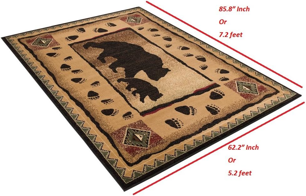 HR Cabin RugLodge Nature and Animals Area RugModern Geometric Design RugAbstract, Brown/Green/RedMother Bear/Cub/Footprint