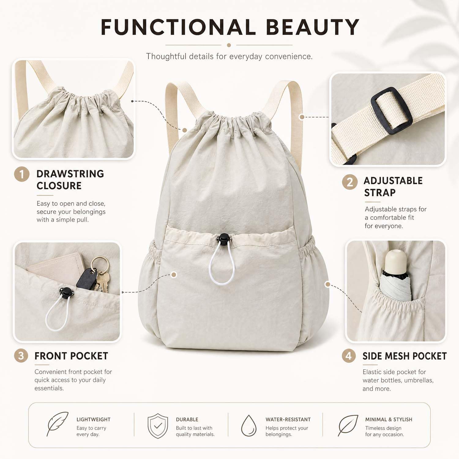 Drawstring Backpack for Women Men,Lightweight Foldable String Bag,Nylon Cinch Bag For Sports Gym Travel (Beige)