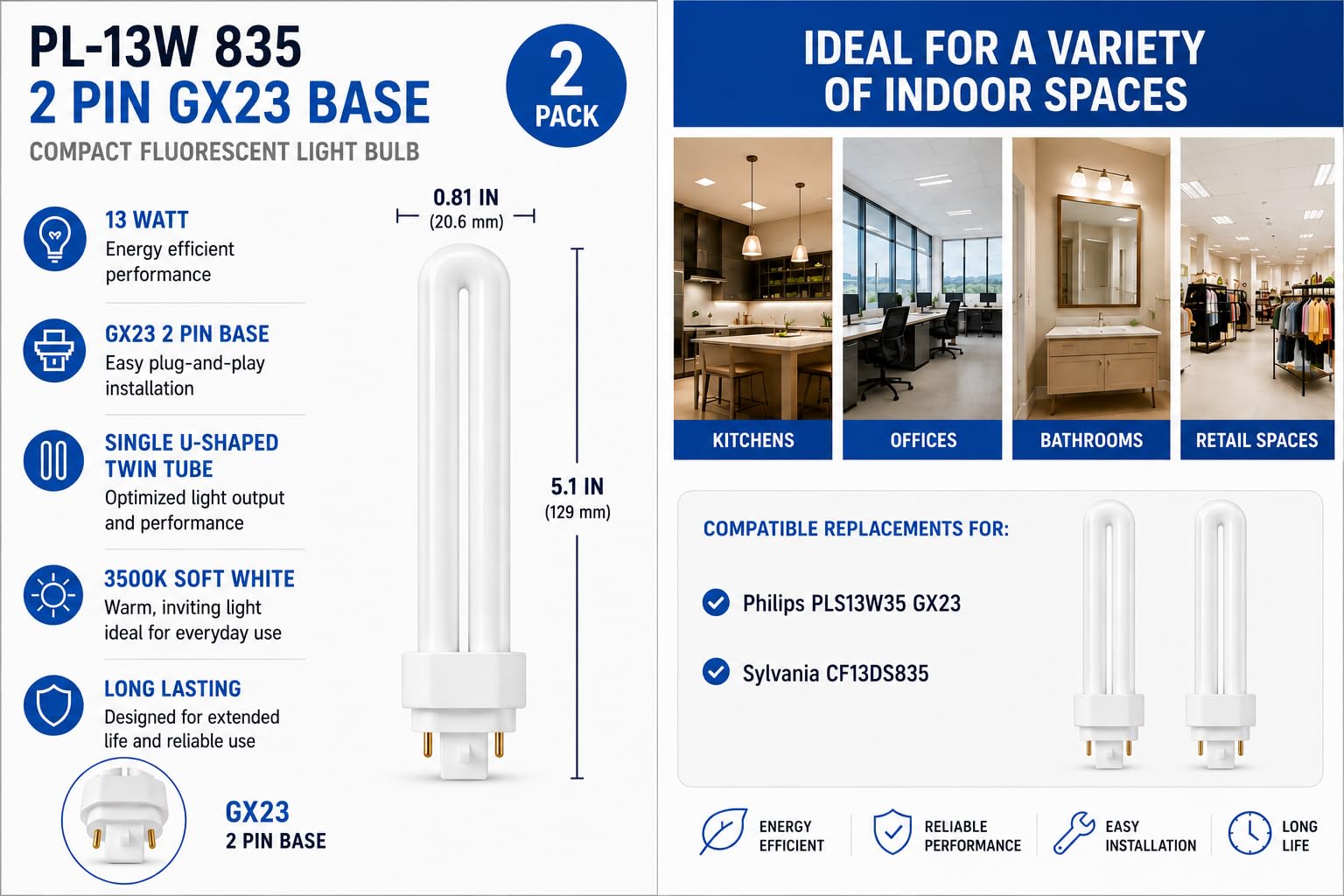 Circle PL-13W 835 CFL Bulb GX23 2 Pin 13W 3500K Neutral White Twin