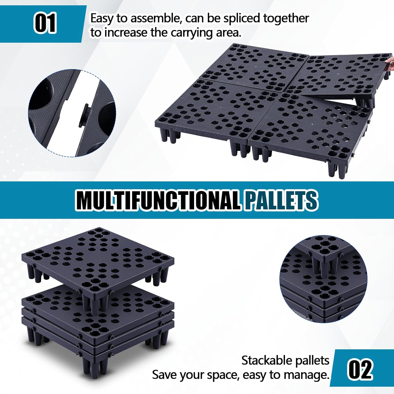 Geelin 6 Pcs Plastic Pallets for Basement Storage Lightweight Waterproof Floor Pallet Nestable Interlocking Storage Pad with Breathable Grids for Restaurant Shop Warehouse (15.8 x 15.8 x 3.9")