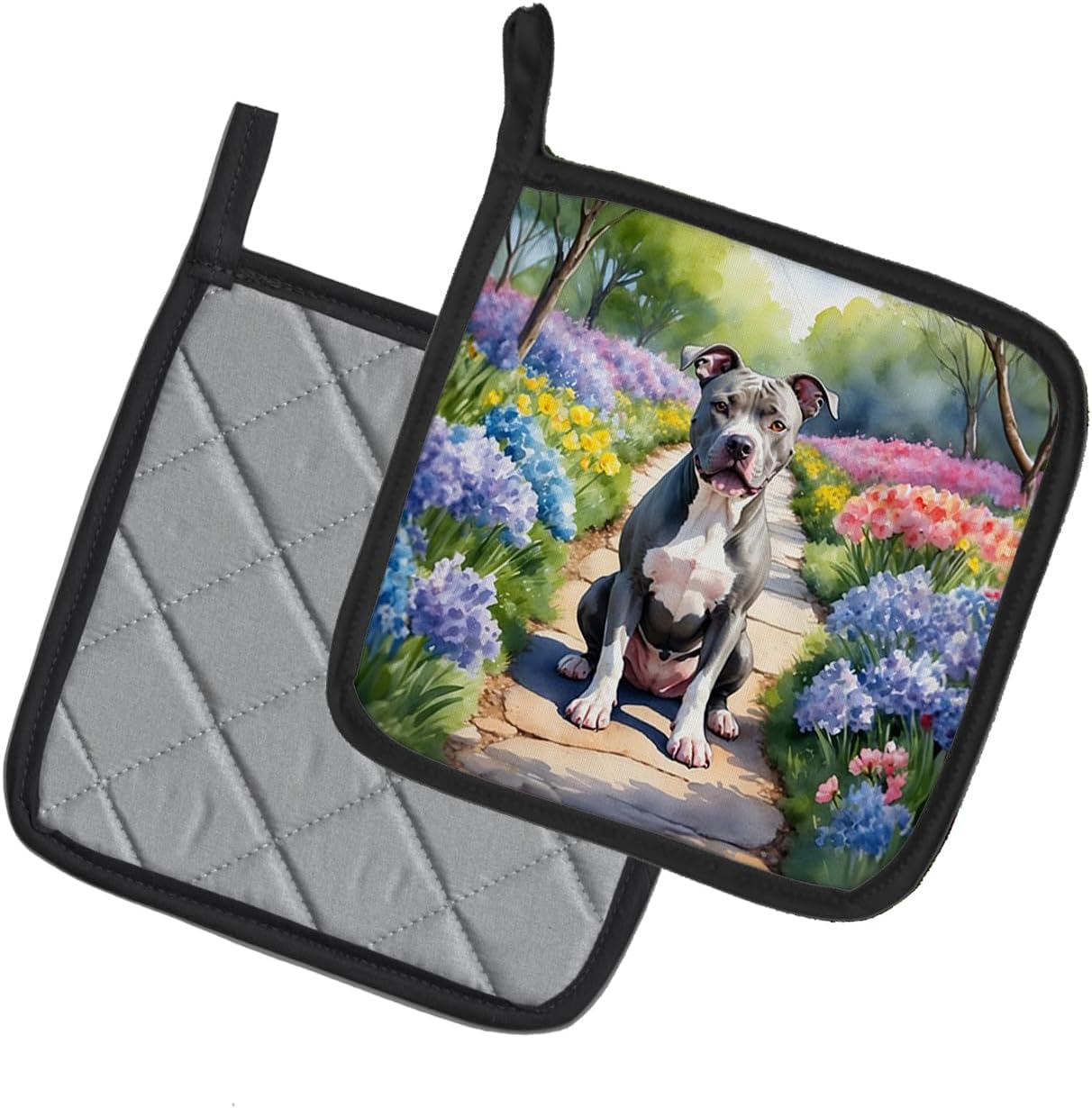 Caroline's Treasures Pit Bull Terrier Spring Path Pair of Pot Holders Kitchen Heat Resistant Pot Holders Sets Oven Hot Pads for Cooking Baking BBQ, 7 1/2 x 7 1/2