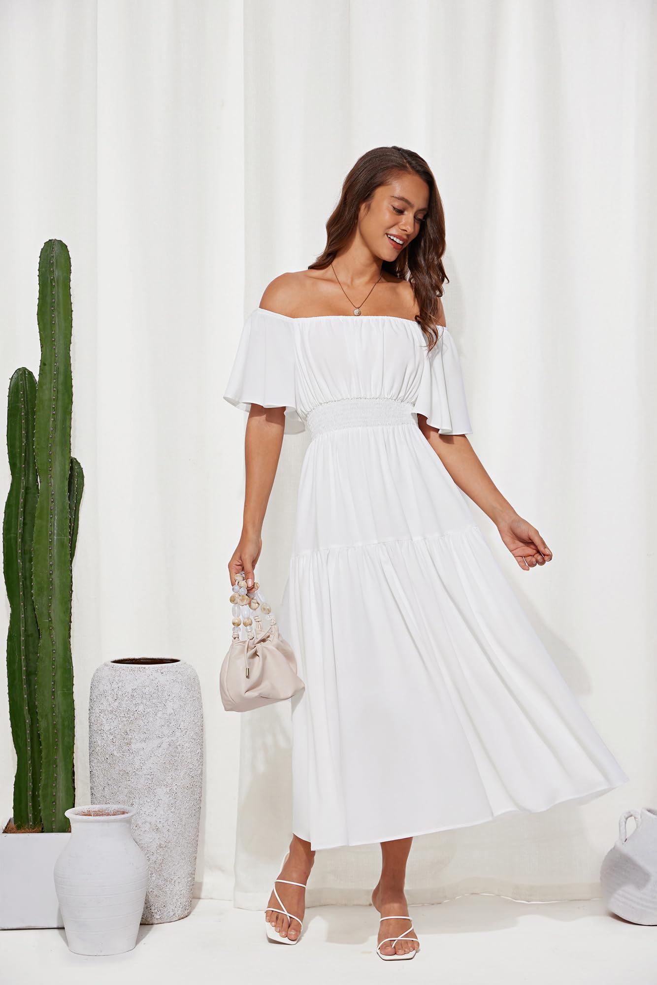 GRACE KARIN Robe Longue Élégante Femme Col Carré Manches Courtes Volantées Taille Haute Robe de Cérémonie Blanc M