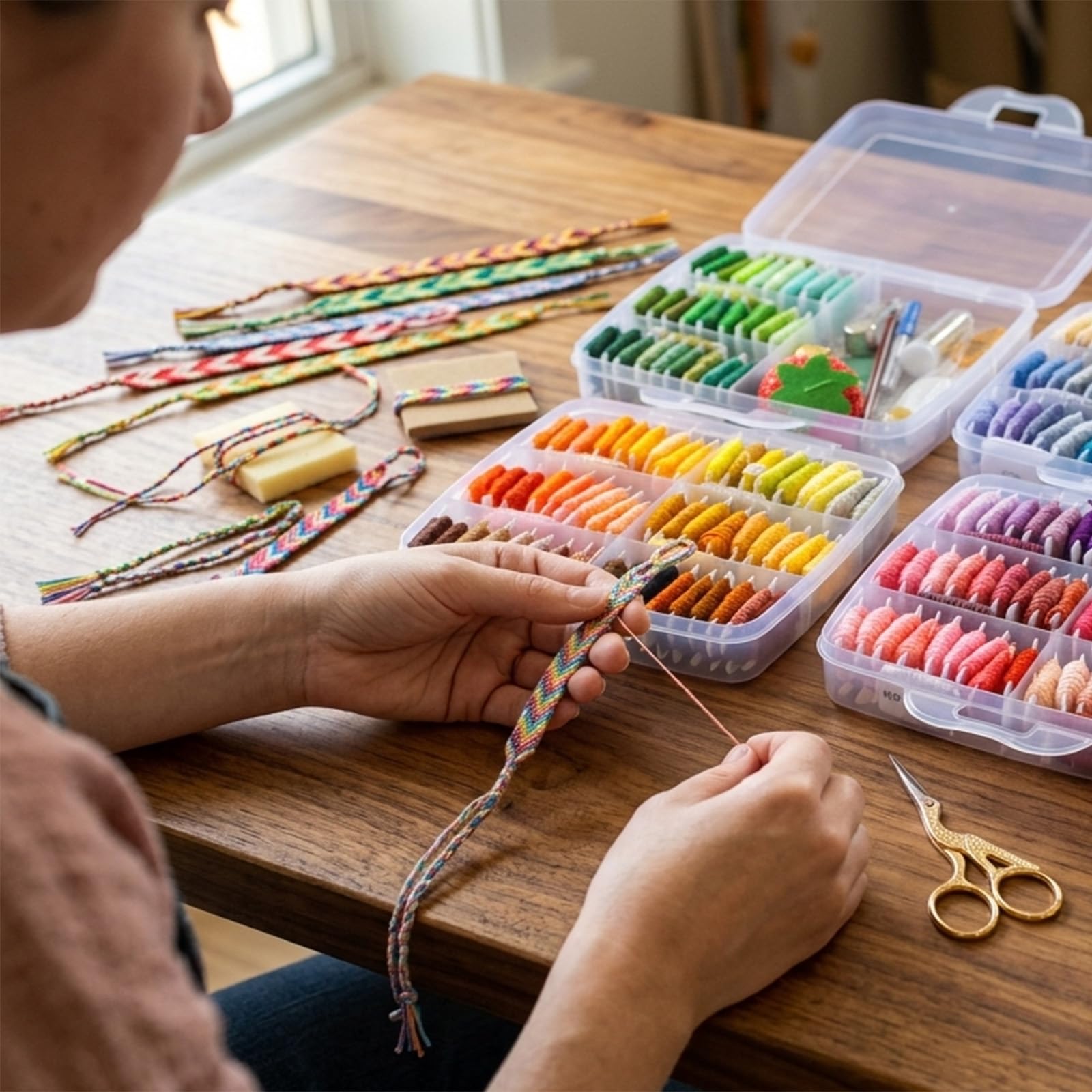 Athena's Elements Stickgarn-Set – 150 Farben Stickgarn mit Kreuzstich, Nähgarn-Werkzeuge, 3-stöckiger transparenter Organizer und Armbandherstellungsanleitung