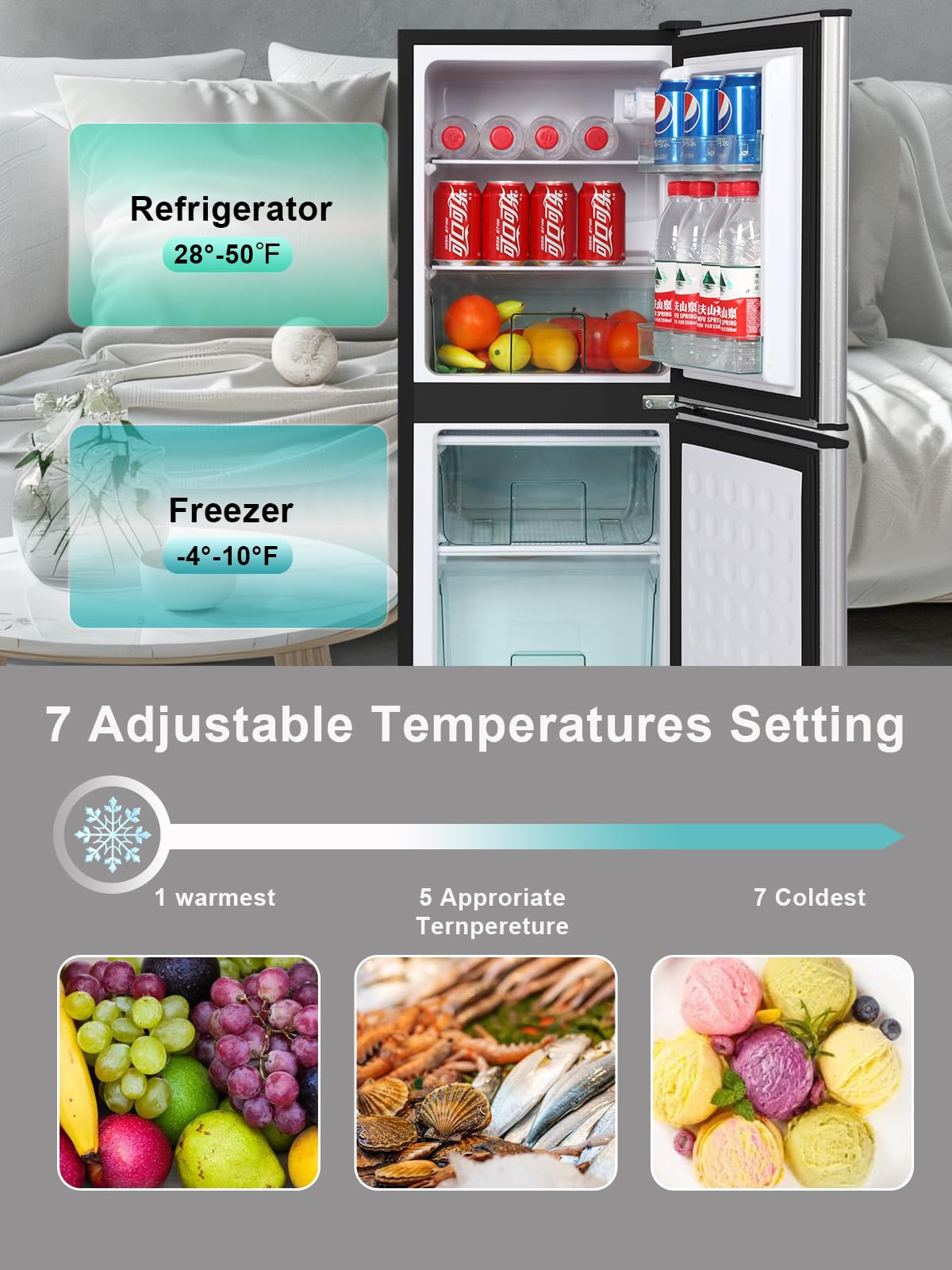 Krib Bling Refrigerator With Freezer 4.0 Cu.Ft With 7 Level Adjustable Thermostat Control 2 Door Bottom Freezer Refrigerator Lock Fresh Energy Saving For Apartment Bedroom Dorm And Office Silver on Fridge.com - View 2