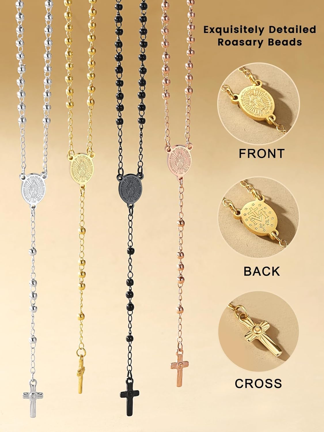 Bestyle Catholic Rosary Beads Necklace for Women Men with Cross Bible Verse Package, 4mm/6mm Virgin Mary Rosary Bead Cross Necklaces in Silver/Gold/Black/Rose Gold Tone - Image 6