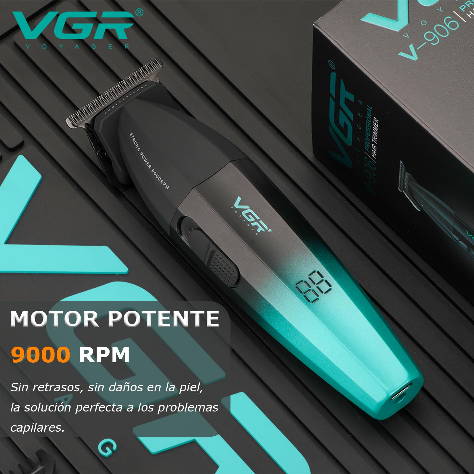 VGR 906 Fresh Fade - Cortadora de pelo profesional, 9000 rpm, sin huecos, para hombres, cortadora de pelo inalámbrica DLC T-Blade para barberos y recargable por USB, verde