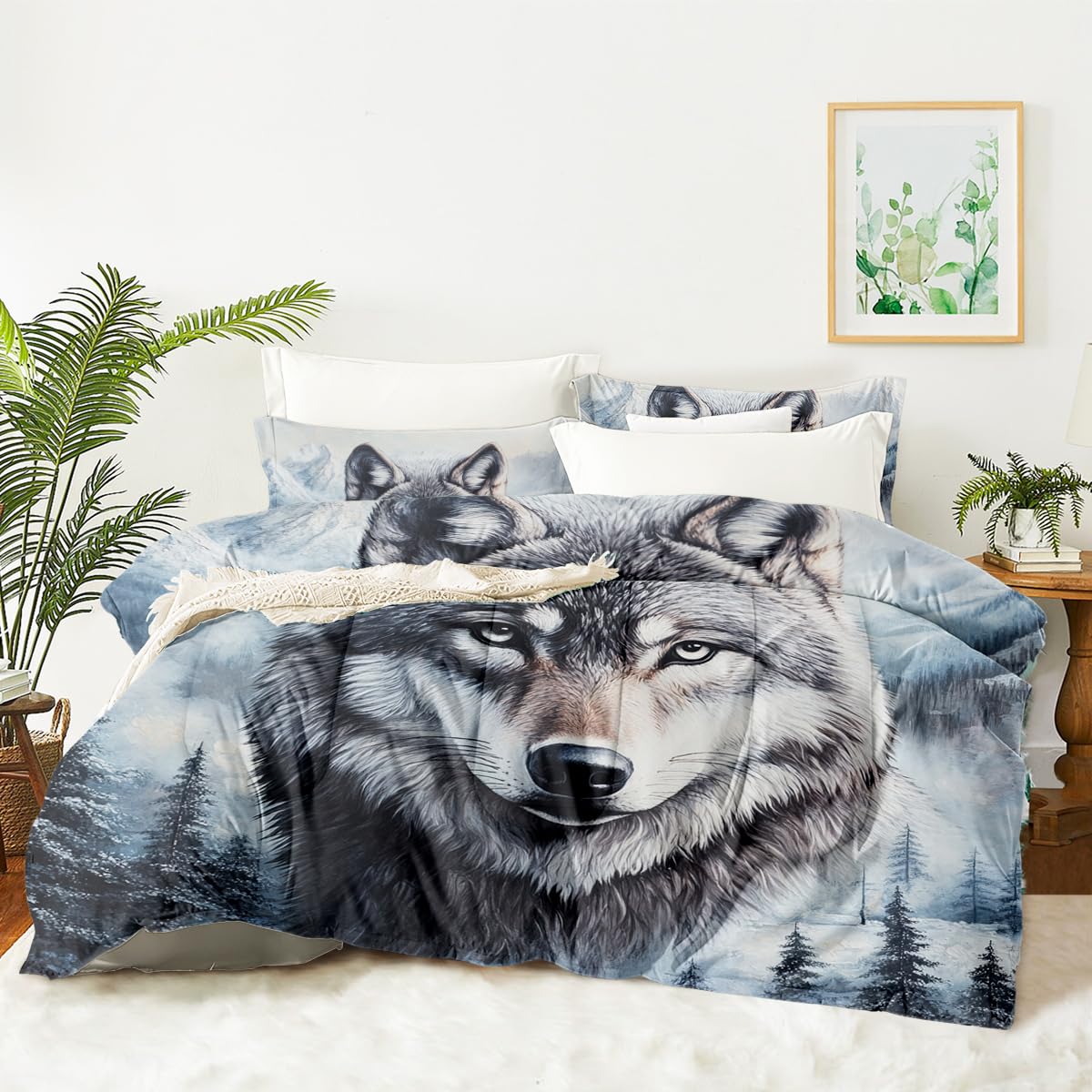 CCoutueChen Grey Snow Wolf Comforter Set Full Size, Jungle Animal Pattern Bedding Set for Boys, Fir Tree Decor Comforter, 3Piece Soft Microfiber Bed Set with 2 Pillowcases