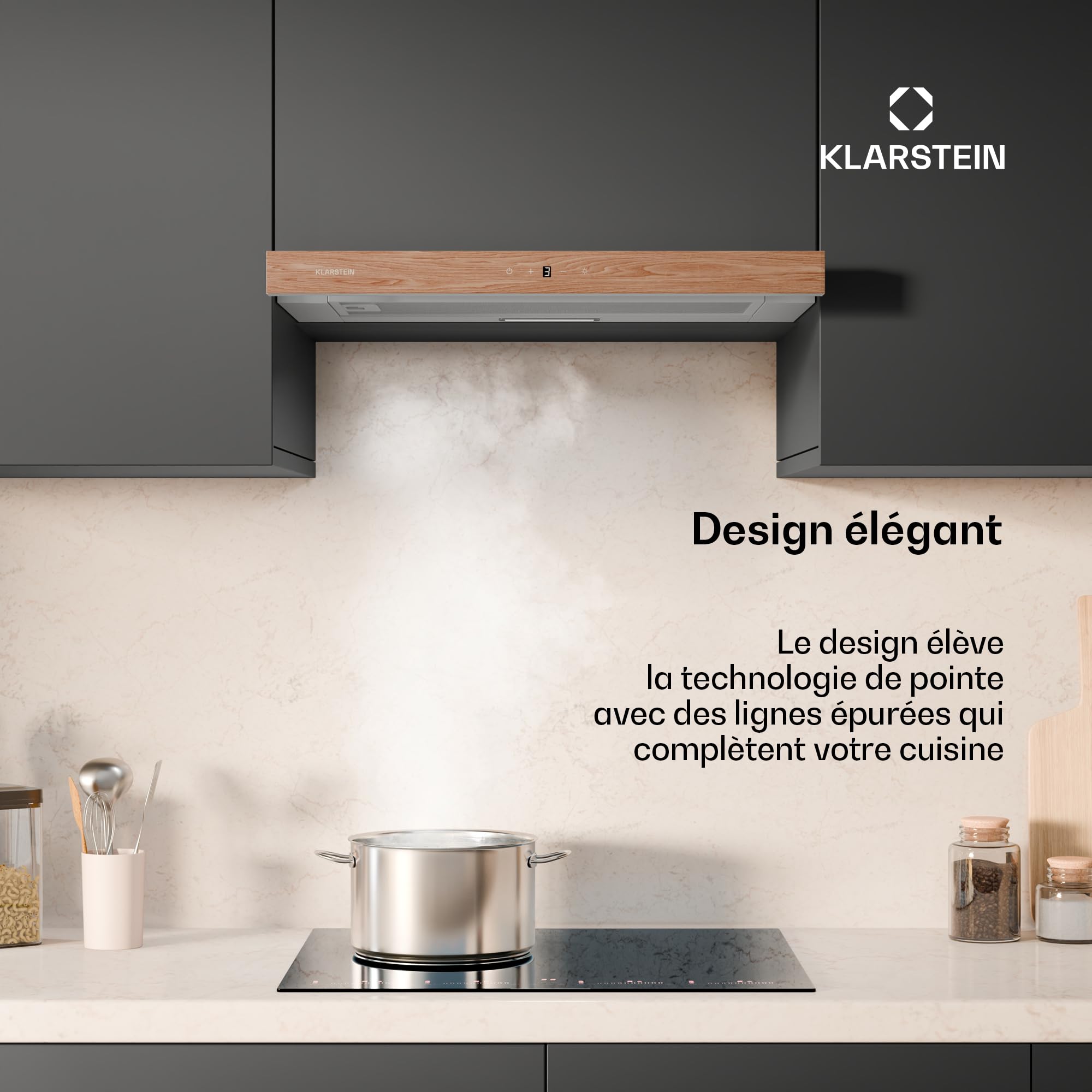 Klarstein ZenFusion Hotte Aspirante, 60cm Hotte Cuisine avec Commande Tactile, Débit 400 m³/h, Efficacité Énergétique A, Extracteur Télescopique, Éclairage LED, Filtre à Charbon Actif