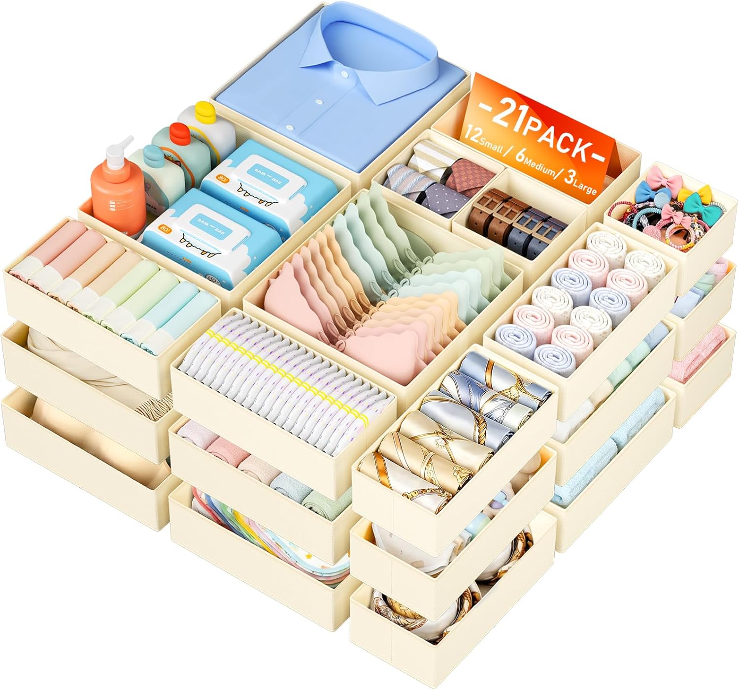 DIMJ Drawer Organizer Clothes Storage - 21 Pack Baby Dresser Organizer for Nursery Closet Organization, Fabric Drawer Organizer Bins for Underwears Socks Bras, Foldable Storage Dividers for Bedroom