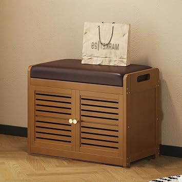 Entryway Shoe Storage Bench, Shoe Bench with Padded Seat Cushion,Shoes Cabinet Storage Bench with Doors,2 Tier Shoes Rack for Living Room Bedroom,59cm