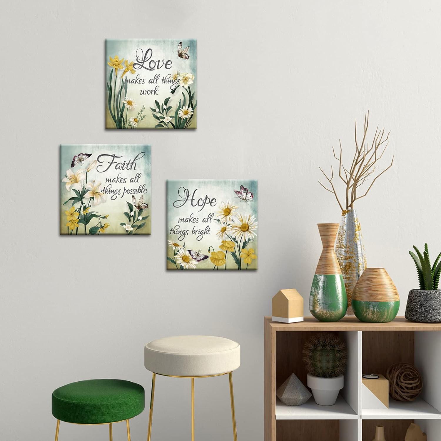 Conipit Faith Hope Love Canvas Yellow Green Floral Wall Art Butterfly Flower Pictures Yellow Daisy Lily Paintings Framed 12"x12" x 3Pcs - Image 5