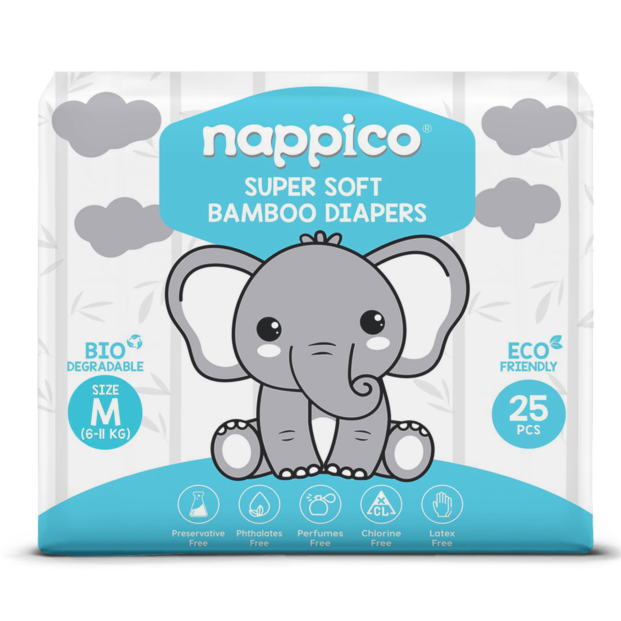 Nappico Ultra Soft Organic Bamboo Diapers | Tape Diaper | Medium (M) Size | For 6-11 kg | Super Dry | Quick Absorption | With Wetness Indicator | Leak-Proof | Rash-Free | Unisex | 25 Count | Pack of 1