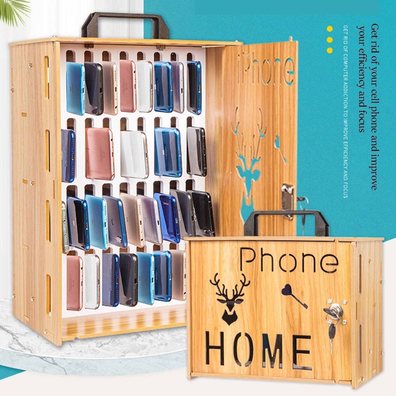 Handy-Schrank, hölzerner abschließbarer Handy-Safe-Organisator, 12/36 Positionen tragbarer Safe mit Tragegriff, für Schule, Firma, Unternehmen(36 Slots)