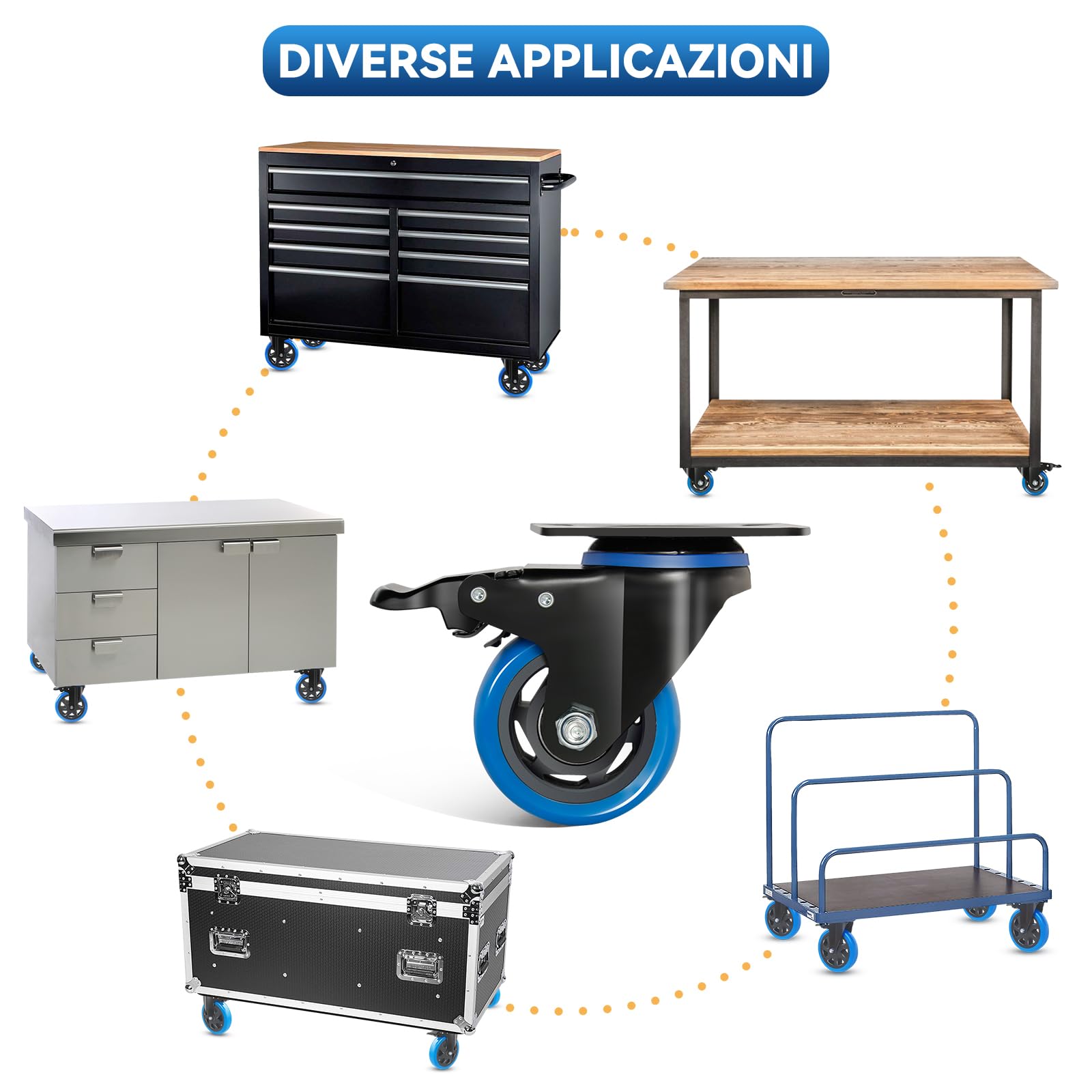 Ruote Girevoli per Carrello 75mm Blu con Freno e Bulloni - Set di 4 Ruote per Mobili Ruote per Carichi Pesanti Fino a 500KG - per Uso Interno ed Esterno - Con Rotazione a 360°