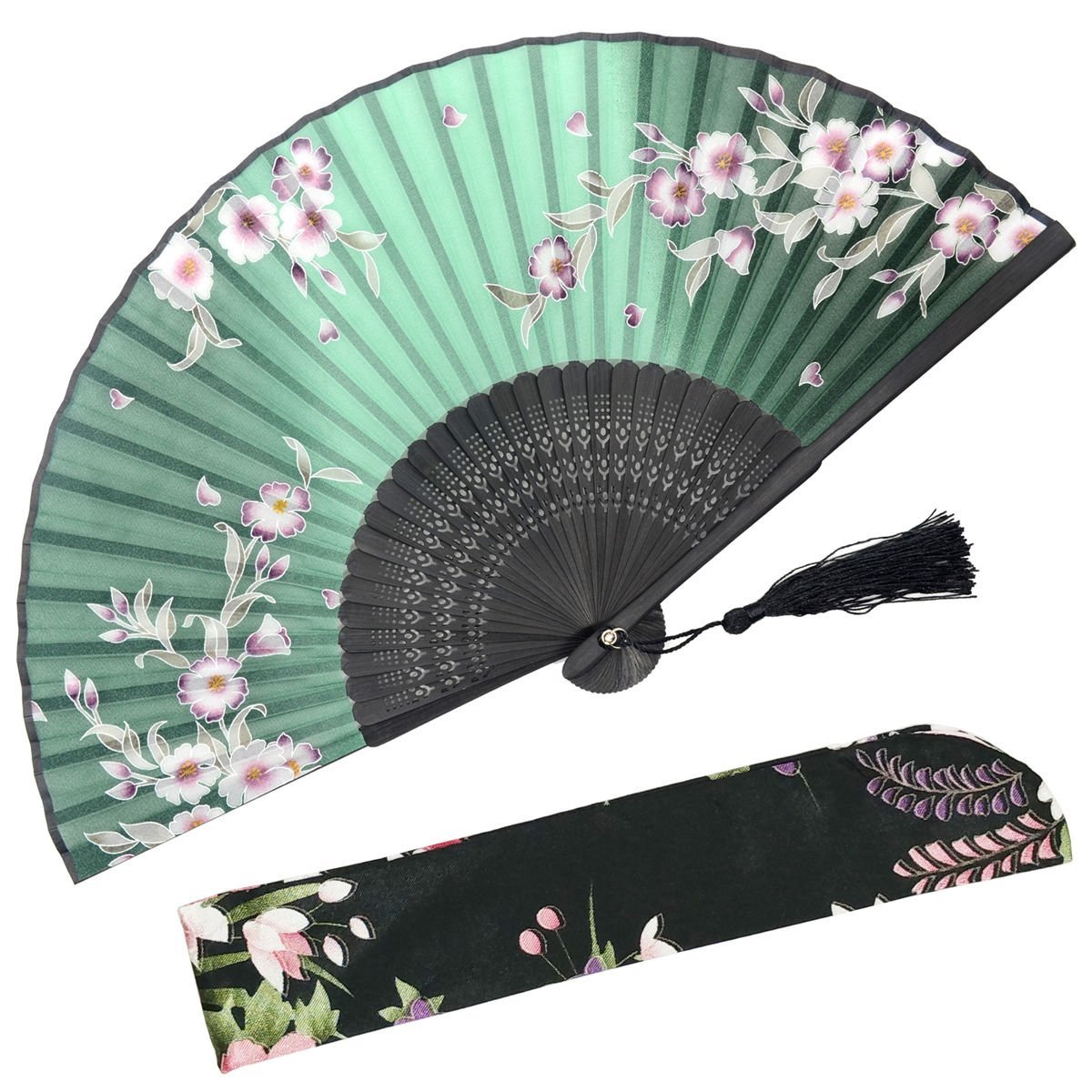 OMyTea "Lily Chinese/Japanese Women Hand Held Silk Folding Fans with Bamboo Frame - With a Fabric Sleeve for Protection (Redbud - Green)