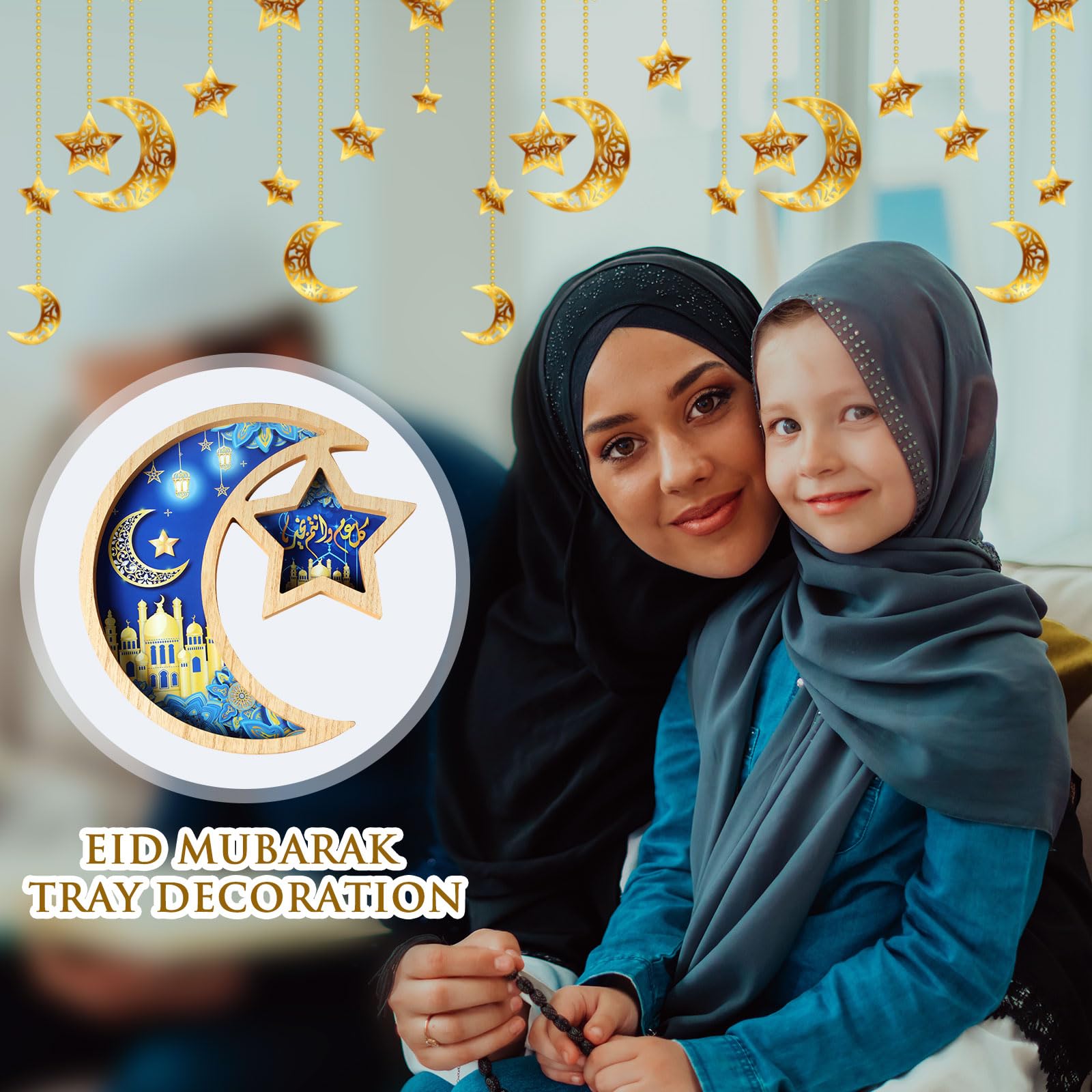 Capoda Ramadan Serving Tray Decoration - Wooden Moon and Star Tray Eid Mubarak Kareem Pastry Plate Gold Blue Food Dessert Snack Fruit Plate for Islamic Gifts Muslim Home Eid Party Supplies