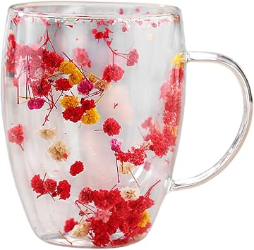 Double Walled Glass Coffee Mug With Handle, Insulated Layer Flowers Coffee Cup, Demitasse Clear Cups With Dried Flower, Perfect For Cappuccino Tea Latte Juice
