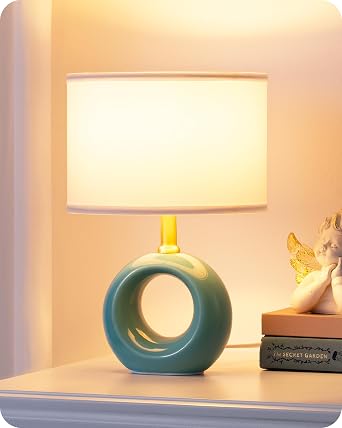 EDISHINE Ceramic Table Lamp, Blue Base, Fabric Shade, Bulb Included [Energy Class E]