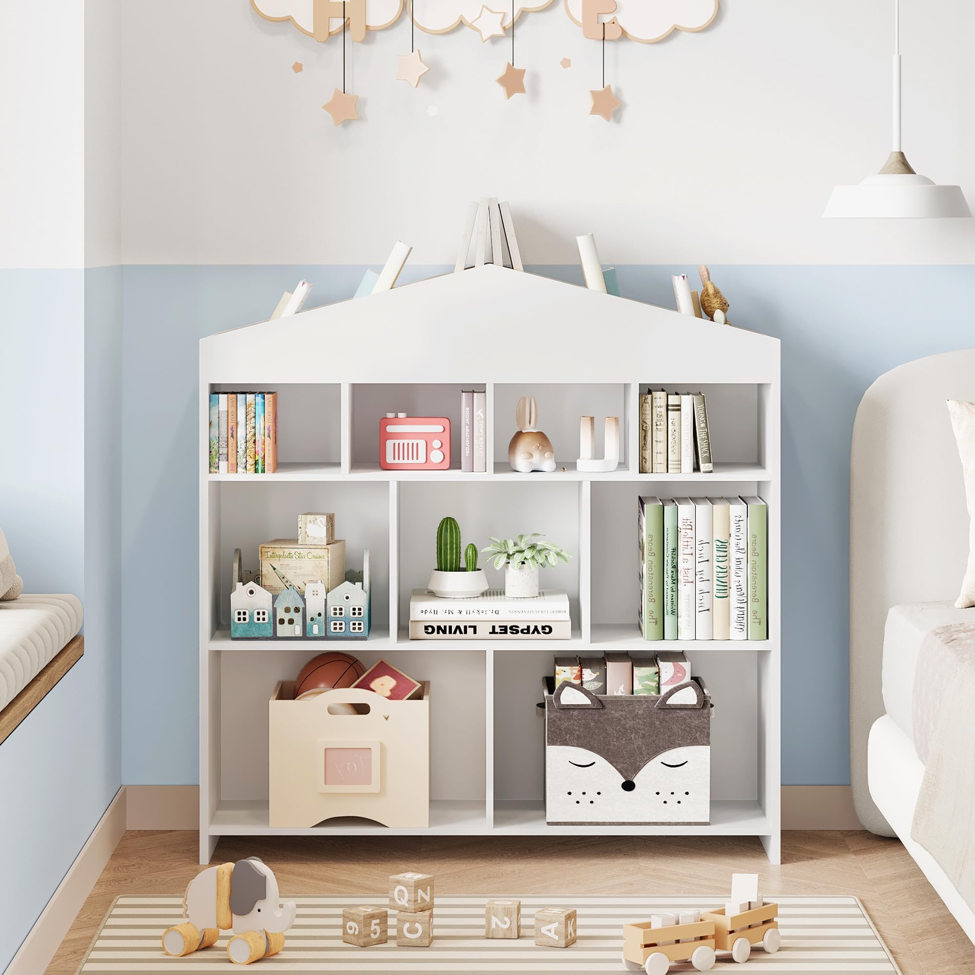 Hausförmiges Kinder Bücherregal aus Holz – 15 Fächer, stabiles Standregal mit Kippsicherung – Für Bücher & Spielzeug im Kinderzimmer, Spielzimmer, Weiß