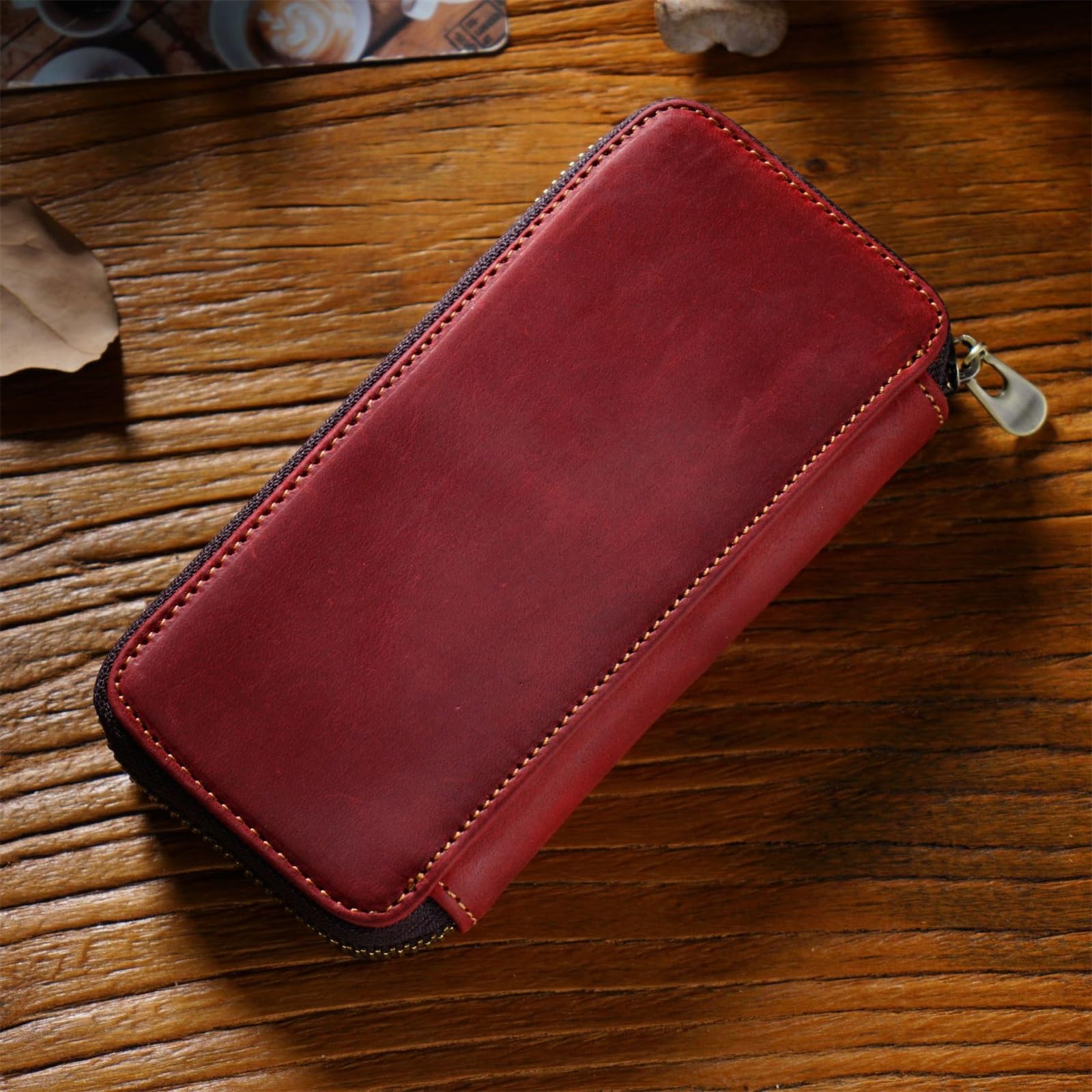 DUMRALBQE Wooden Jewelry Box Leather Zip Pen Storage Bag Multi Pens for Storage and Organization(Wine red)