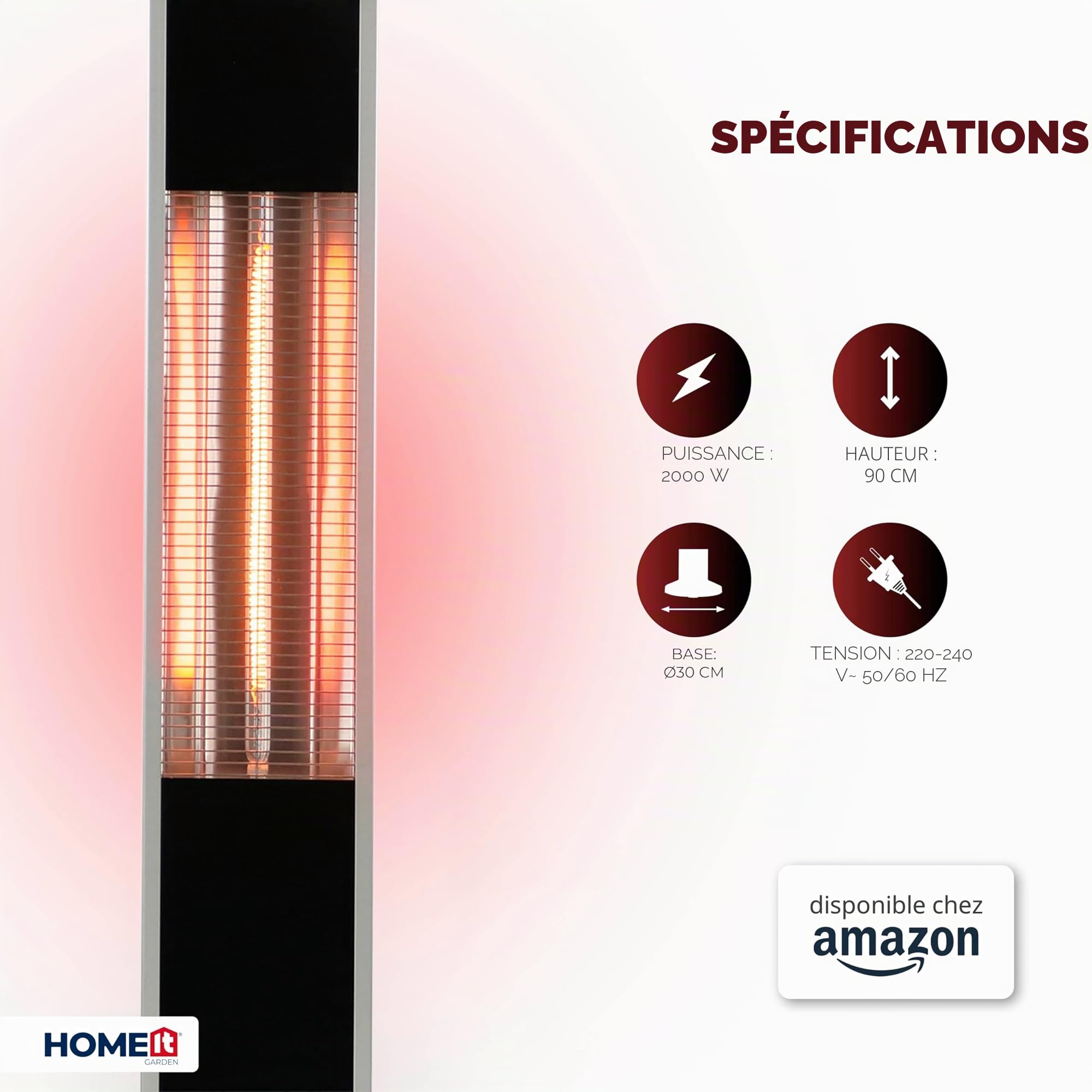 Home It® Chauffage de terrasse infrarouge sur pied 2000W – Tube carbone – Étanche IP34 – Noir/Aluminium