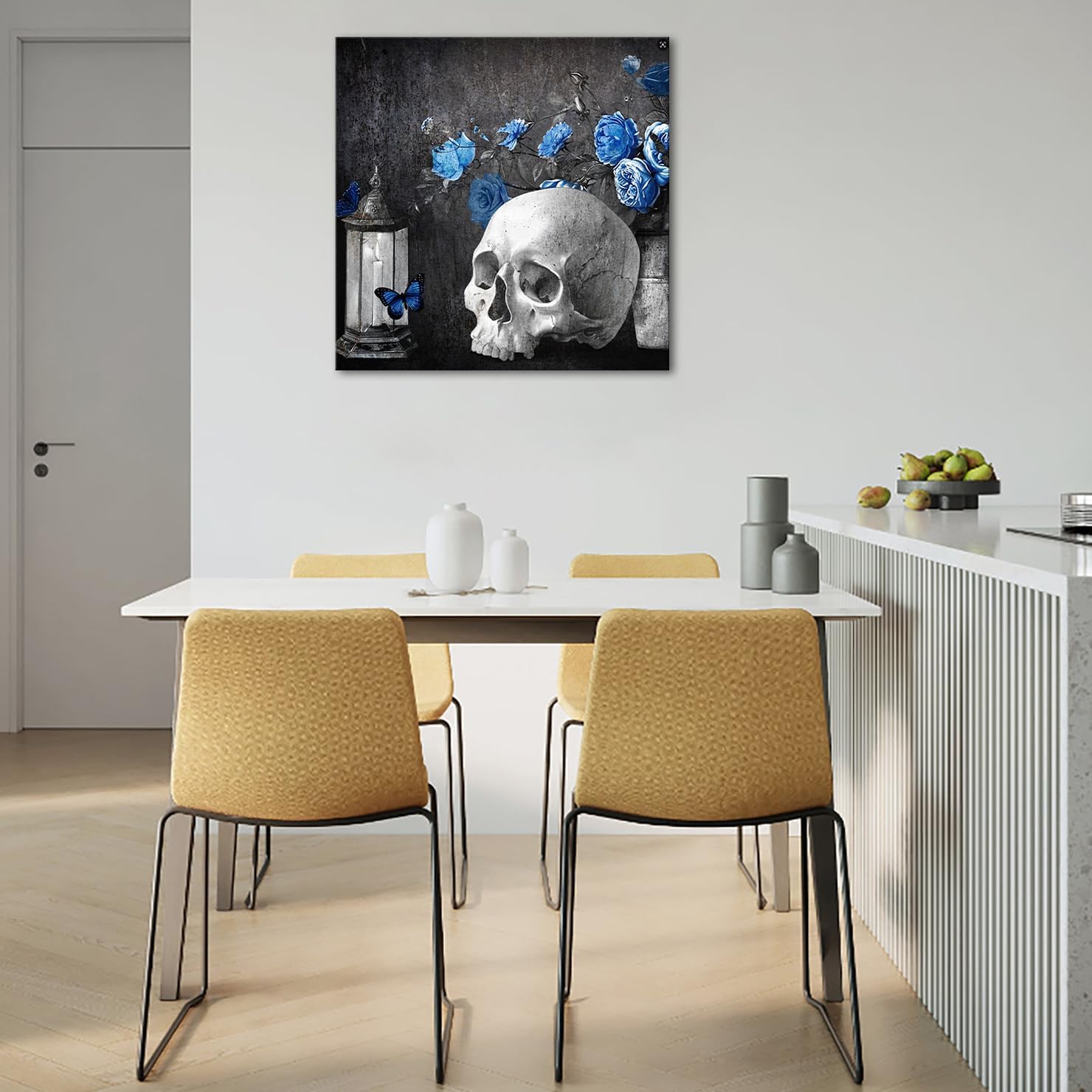 ChaudArt Human Skull Head Canvas Wall Art Skeleton with Grey Blue Rose Rustic Art Prints for Vintage Artwork Home Bedroom Living Room Halloween Day Decoration Stretched and Framed