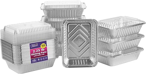 Miniatura 3 de Sartenes de aluminio con tapas de cúpula de plástico, 50 unidades, sartenes oblongas de 2.25 libras (8.5 x 6 pulgadas), recipientes para llevar con