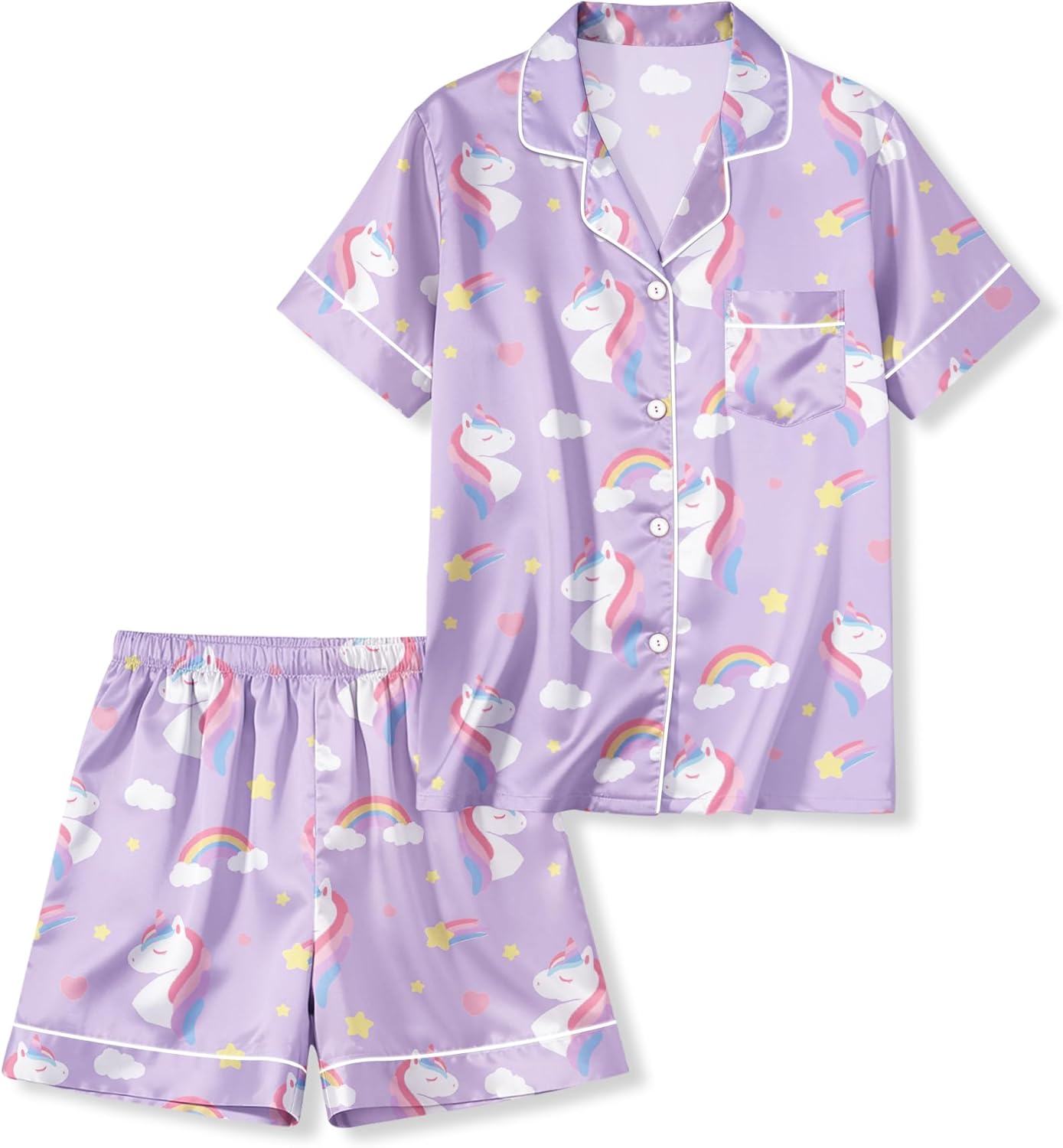 Girls Pajamas 2 Pieces Silky Satin Pajamas Set Short Sleeve & Pants Sleepwear Loungewear Button Down Pjs Set for Girls, Purple Unicorn