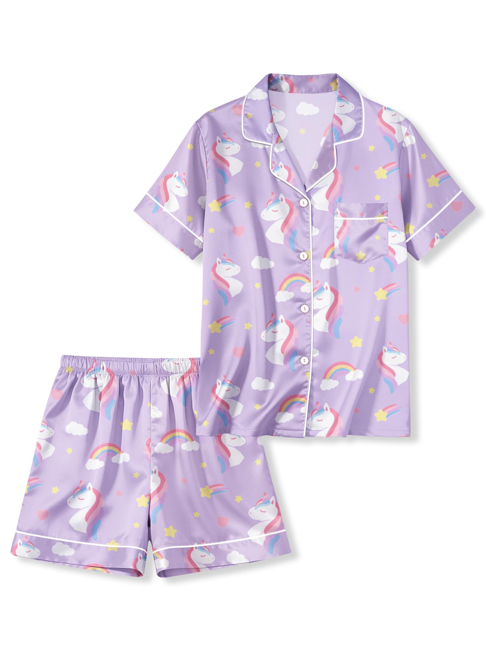 LANKMEI Girls & Boys Satin 2Pcs Short Sleeve Pajamas Set | Luxury Silky Breathable & Soft Button Top & Shorts Set Elastic Waist Ideal for sleepovers summertravel & daily comfort product thumbnail 2
