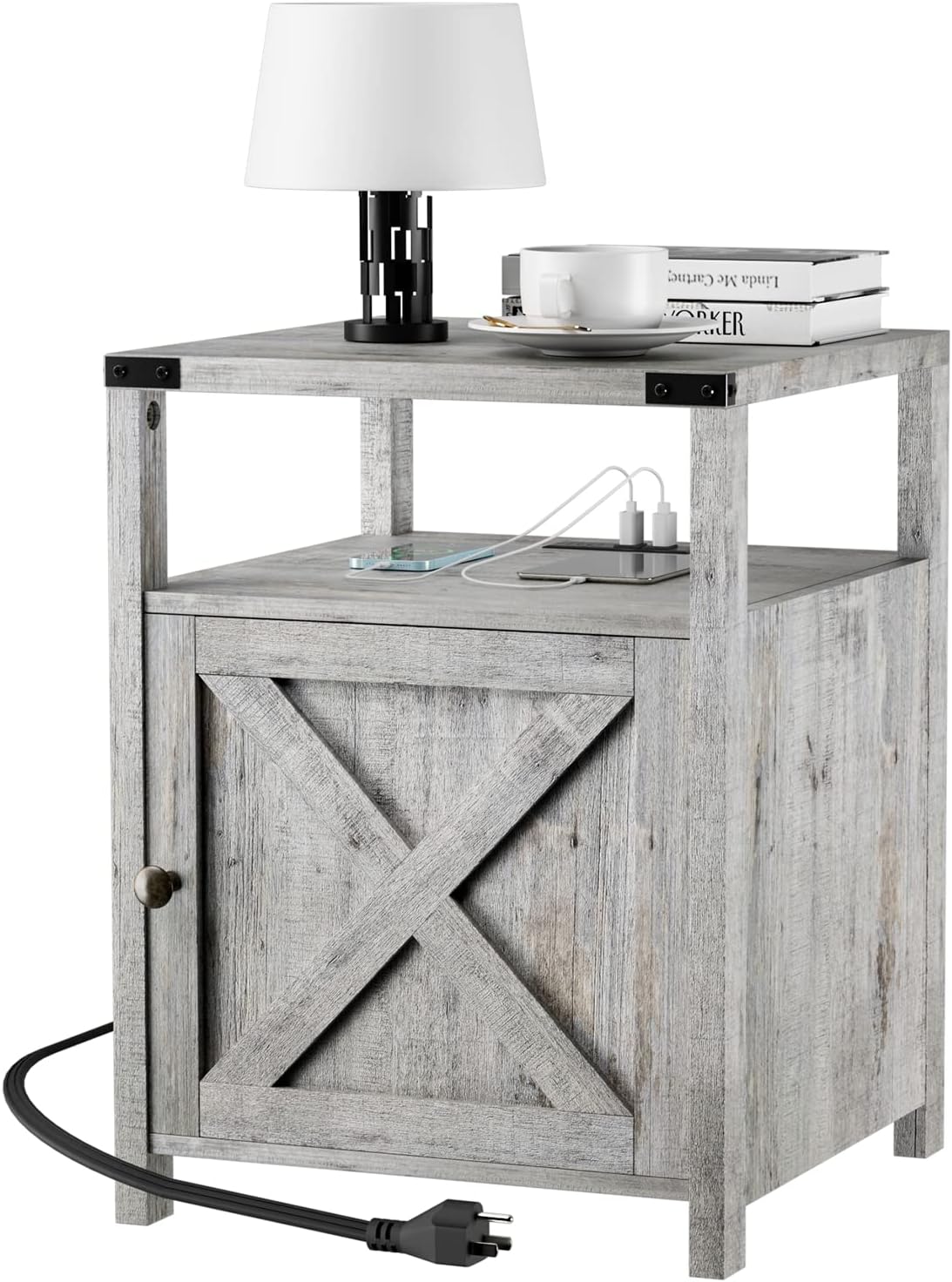 Farmhouse Nightstand with Charging Station, Grayish White End Table Bedroom with Storage Living Room Side Table Beige Night Stand Industrial Bedside Bed Table with USB Ports and Outlets
