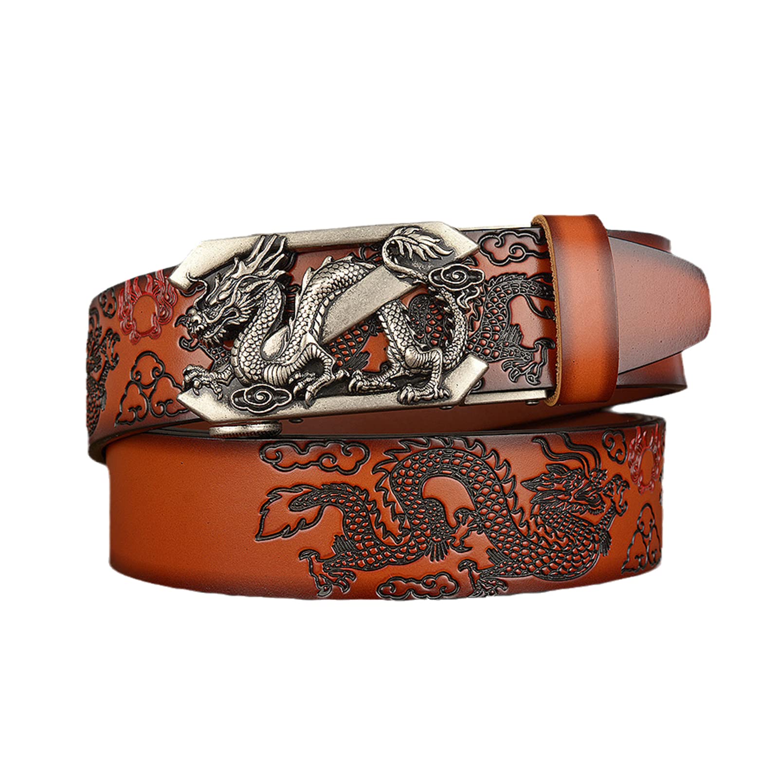 Cinturón De Trinquete Deslizante For Hombre, Correa Cuero Genuino, Hebilla Automática Ajustable Con Dragón 3D Plateado, Informal For Jeans 35 Mm