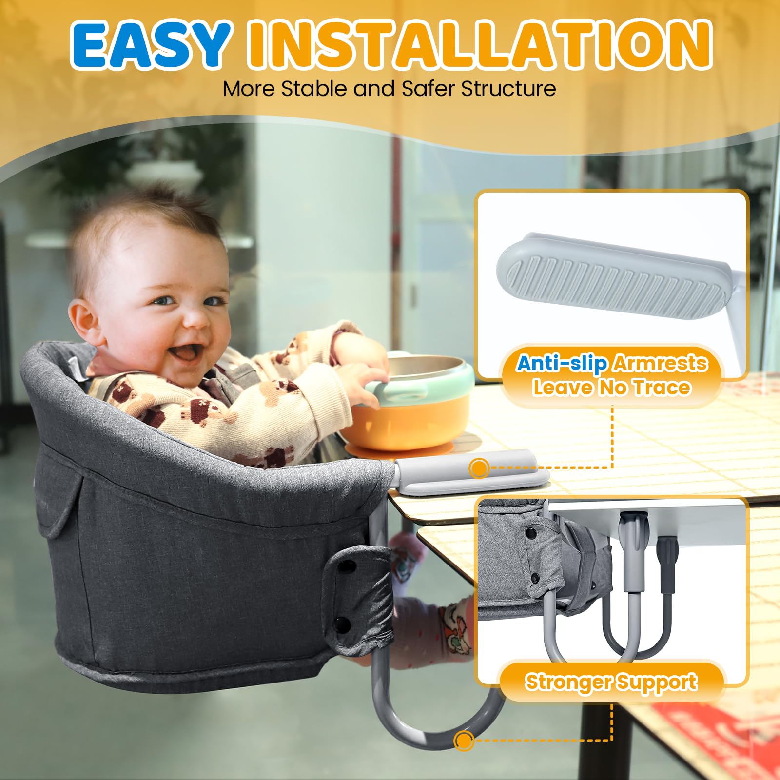 Orzbow Hook-on Seats,Portable Hook on High Chair with 5-Point Safety Harness,Shoulder Strap Mats and Removable Seat Cushion,Stable Clip on Baby Chair for Home and Restaurant (Grey) - Image 2