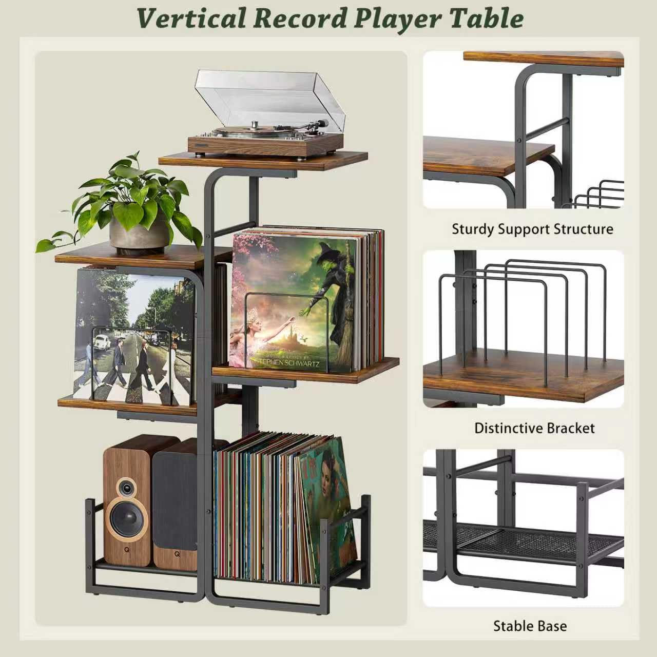 Bikoney Plattenspieler Ständer mit großem Vinyl Stauraum, Vintage Turntable Tisch mit LP Ablage & Schallplatten Display, Pflanzendesign Plattenschrank für Wohnzimmer, Schlafzimmer & kleine Räume